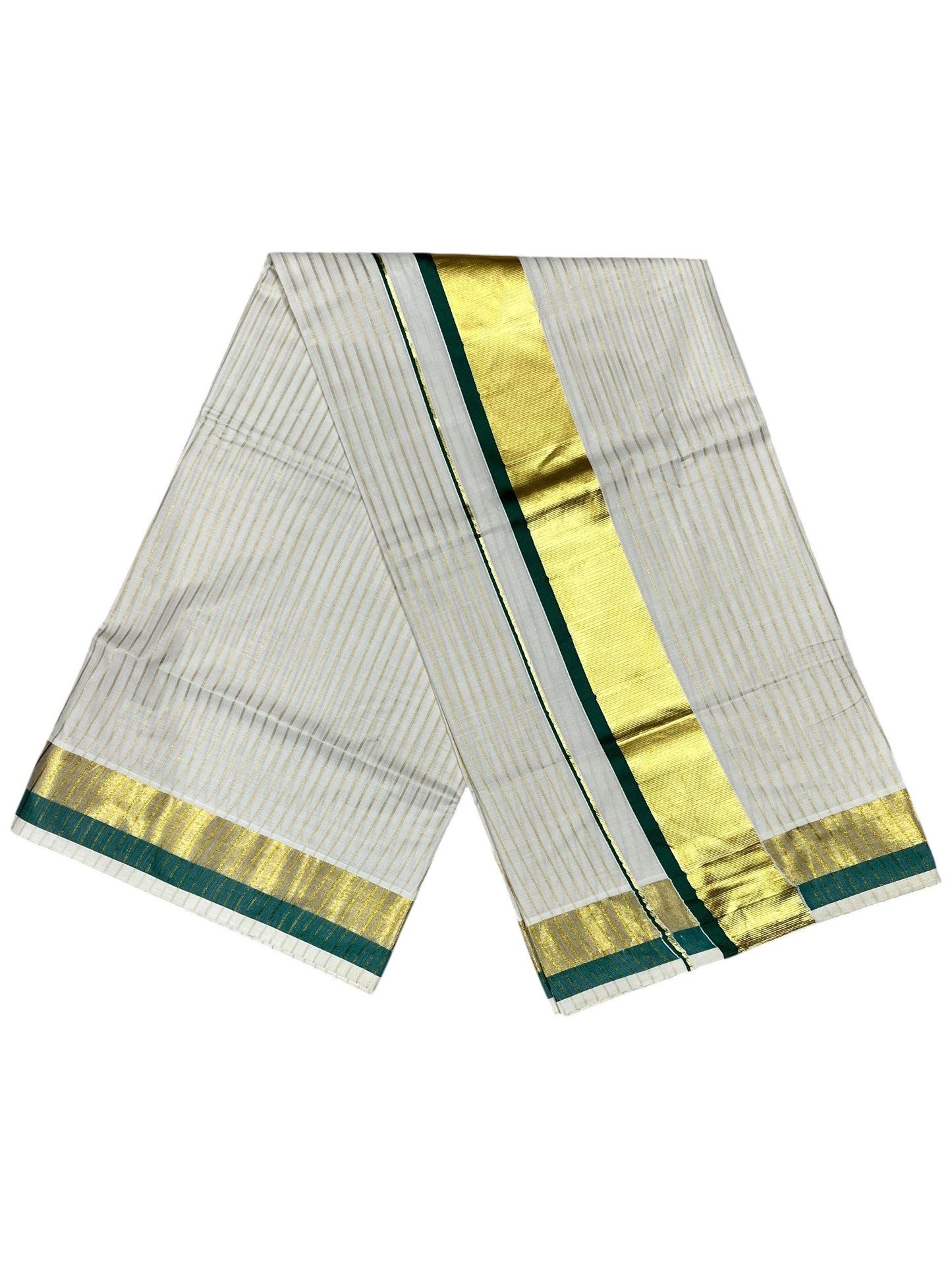 Southloom Pure Cotton Kerala Saree with Gold Kasavu Lines Across Body and  Green Border