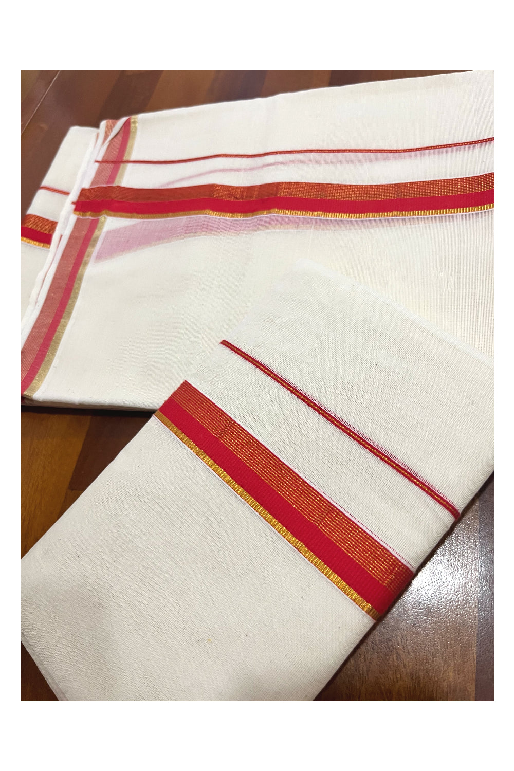 Kerala Cotton Set Mundu Single (Mundum Neriyathum) with Orange and Kasavu Border