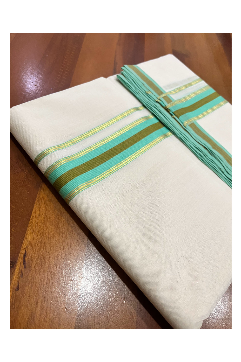 Southloom Premium Balaramapuram Unakkupaavu Handloom Kasavu Mundu with Turquoise and Olive Green Border (South Indian Kerala Dhoti)