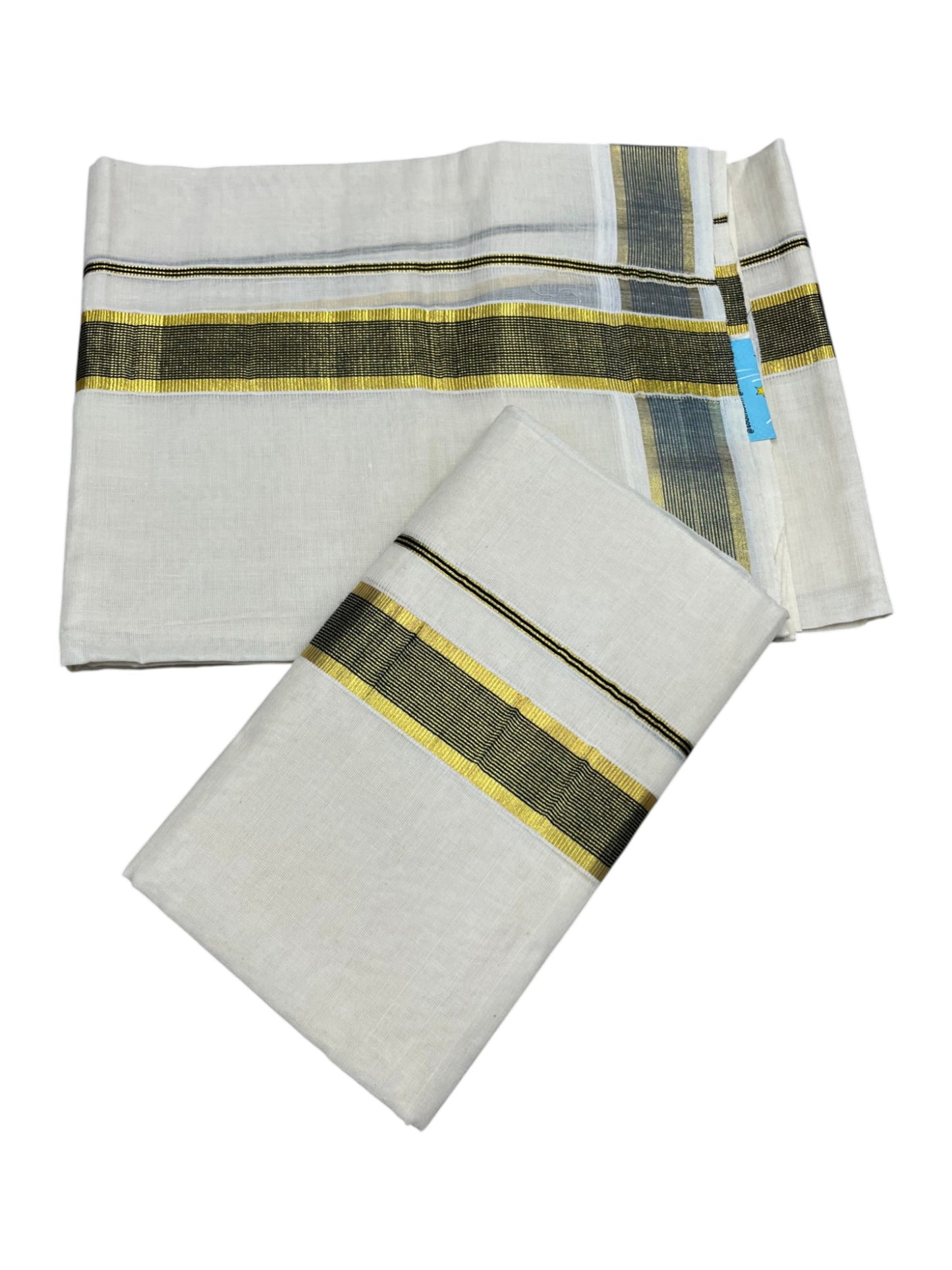 Southloom Pure Cotton Kerala Kasavu Set Mundu (Mundum Neriyathum) Kasavu & Dark Blue Border in 2.80 Mtrs