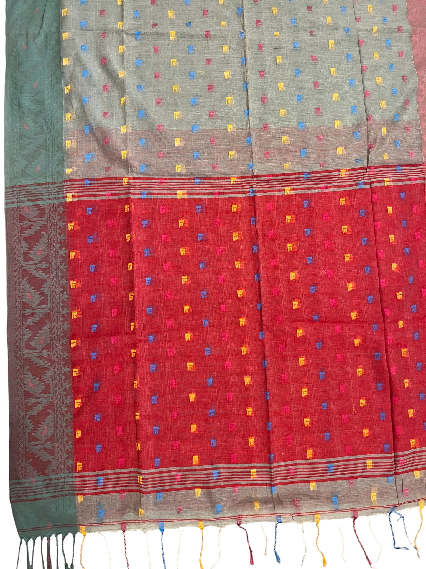 Southloom  Linen Cotton Saree in Grey And Red with Butta Works Across Body