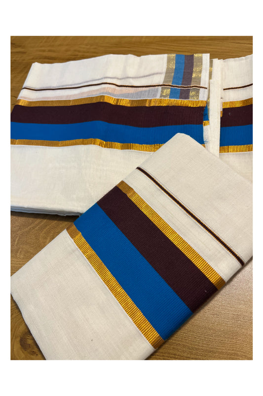 Kerala Cotton Kasavu Set Mundu (Mundum Neriyathum) with Blue and Brown Border 2.80 Mtrs