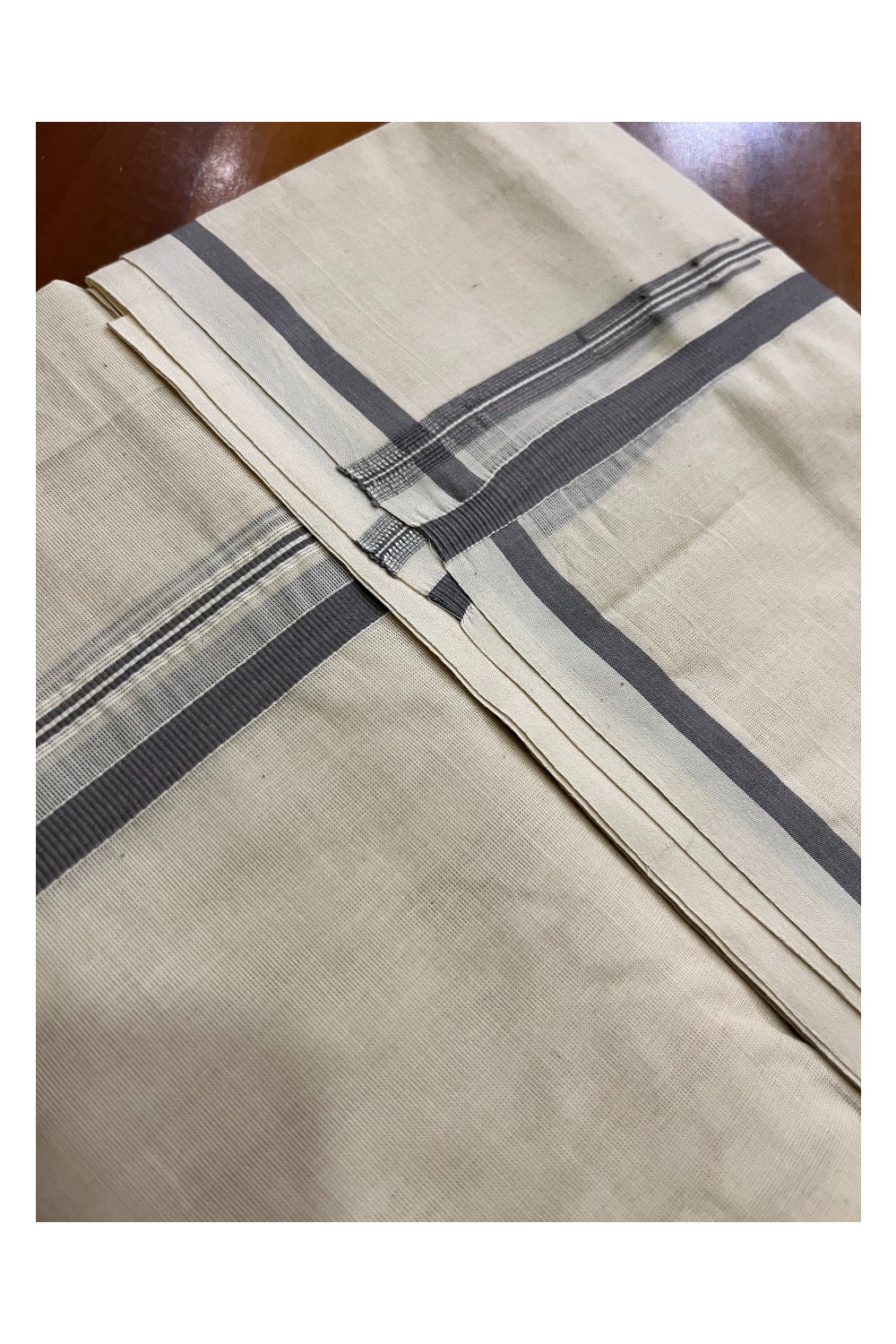 Pure Cotton Off White Kerala Double Mundu with Grey Puliyilakkara Chutti Border (South Indian Dhoti)