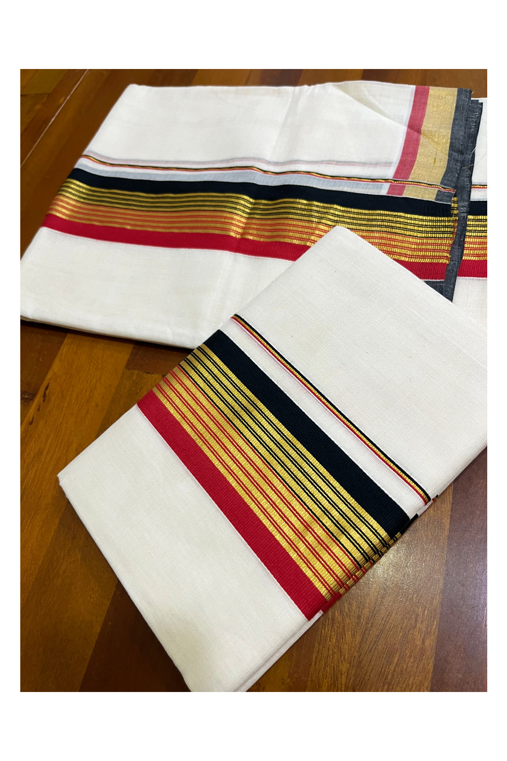 Pure Cotton Handloom Premium Kasavu Set Mundu (Mundum Neriyathum) with Red and Black Border