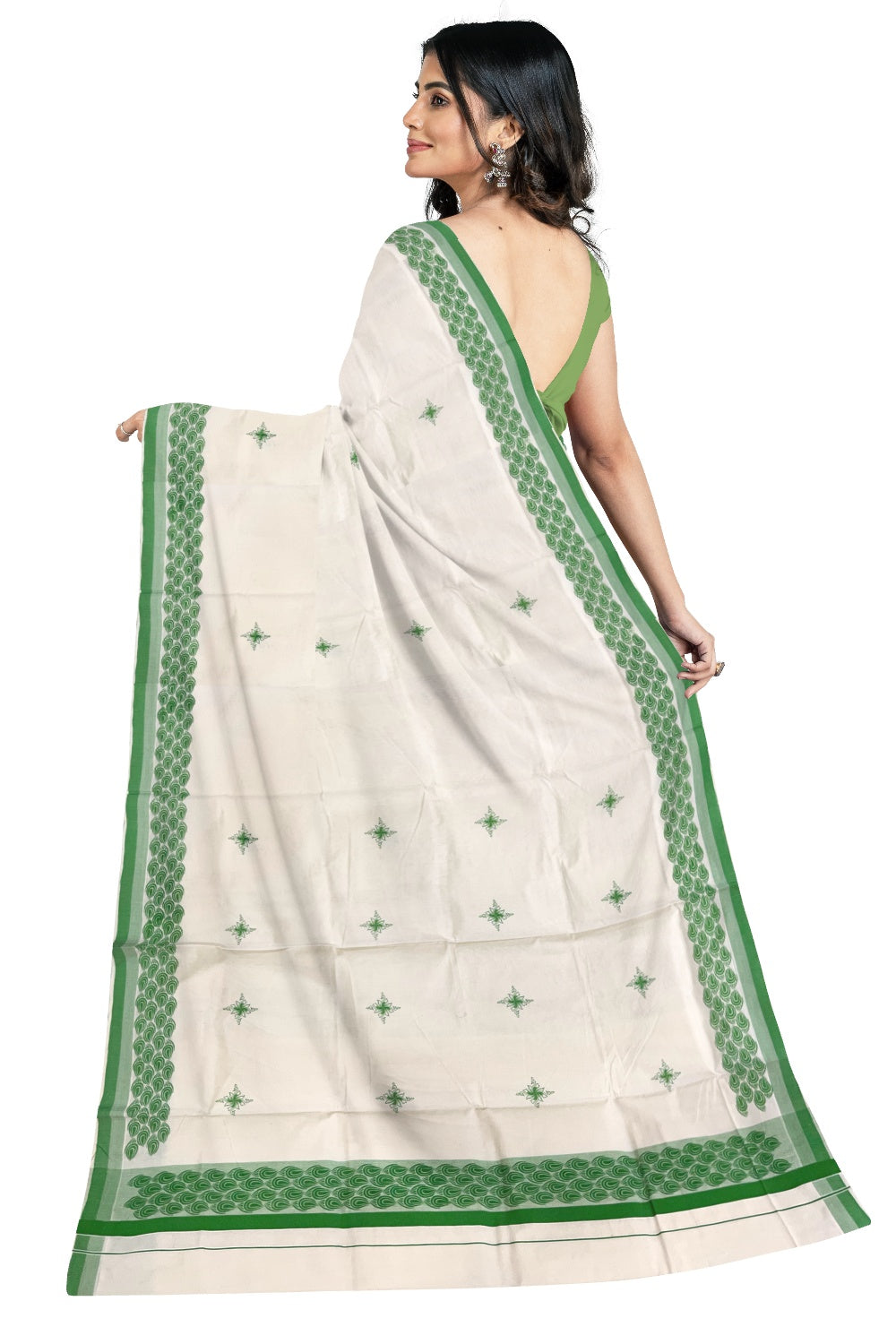 Pure Cotton Off White Kerala Saree with Light Green Block Printed Border (Onam Saree 2023)