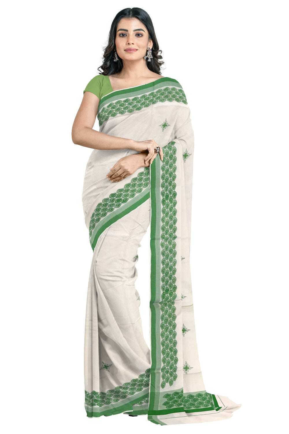 Pure Cotton Off White Kerala Saree with Light Green Block Printed Border (Onam Saree 2023)