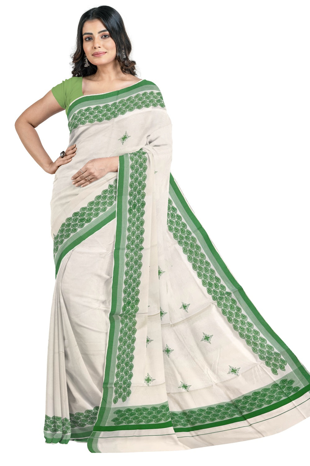 Pure Cotton Off White Kerala Saree with Light Green Block Printed Border (Onam Saree 2023)