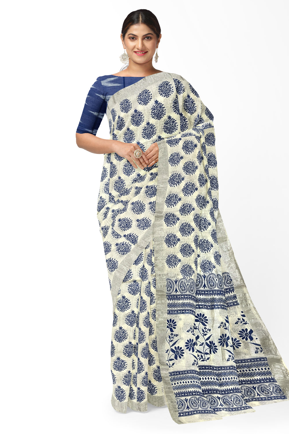 Southloom Linen White Saree with Blue Floral Prints and Tassels works on Pallu