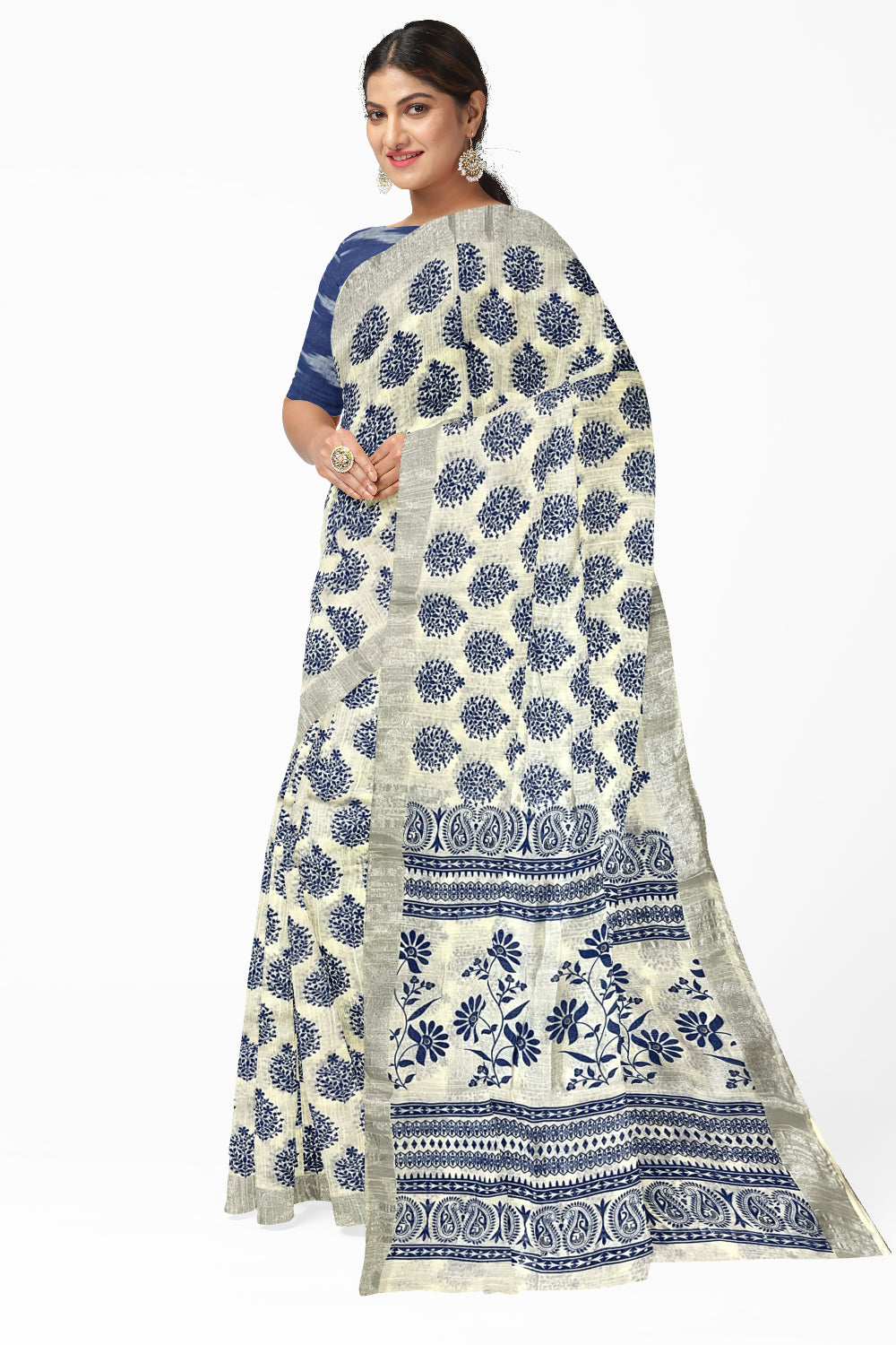 Southloom Linen White Saree with Blue Floral Prints and Tassels works on Pallu