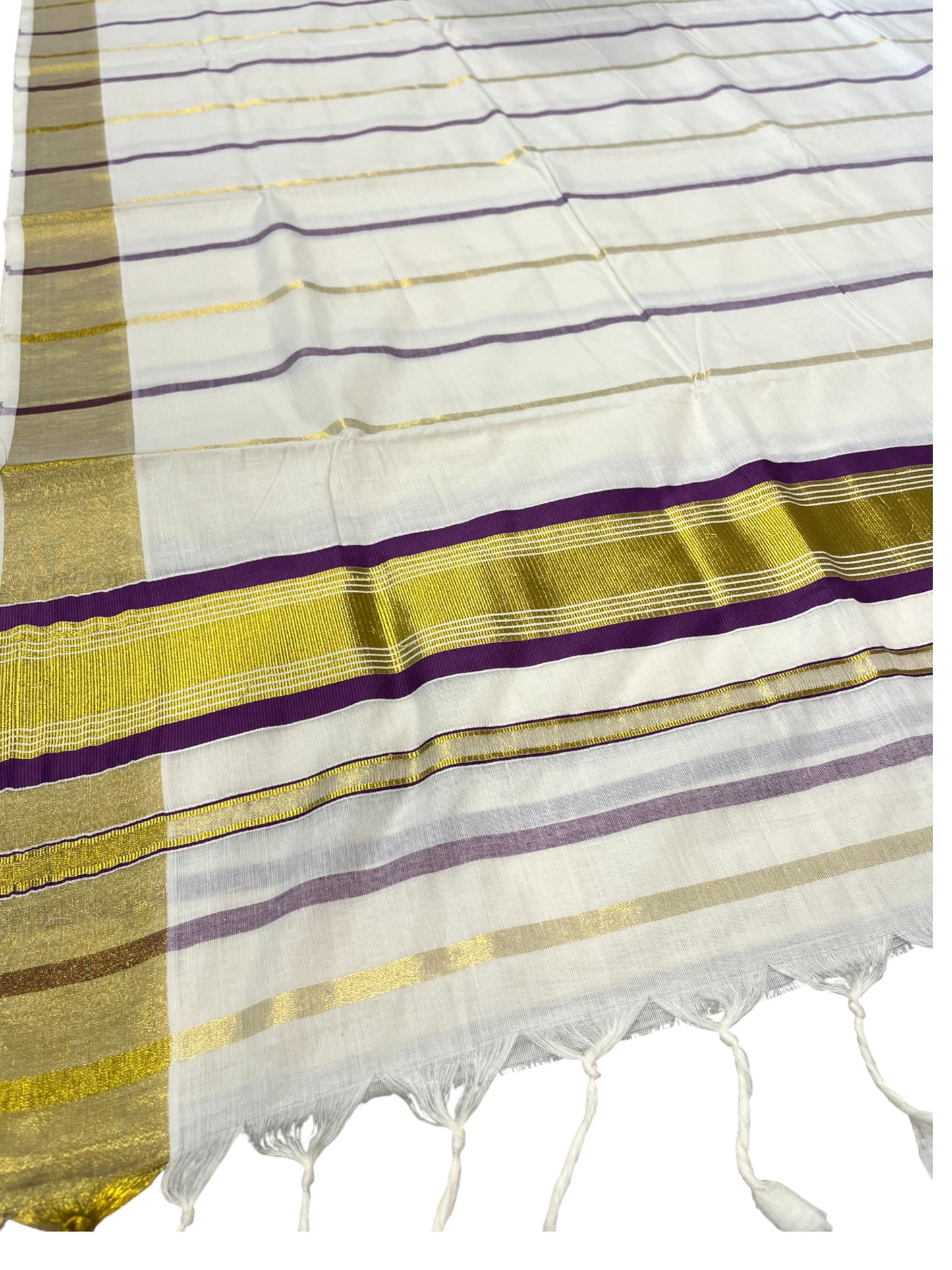 Southloom Kerala Cotton Kasavu Saree with Gold And Purple Lines on Body