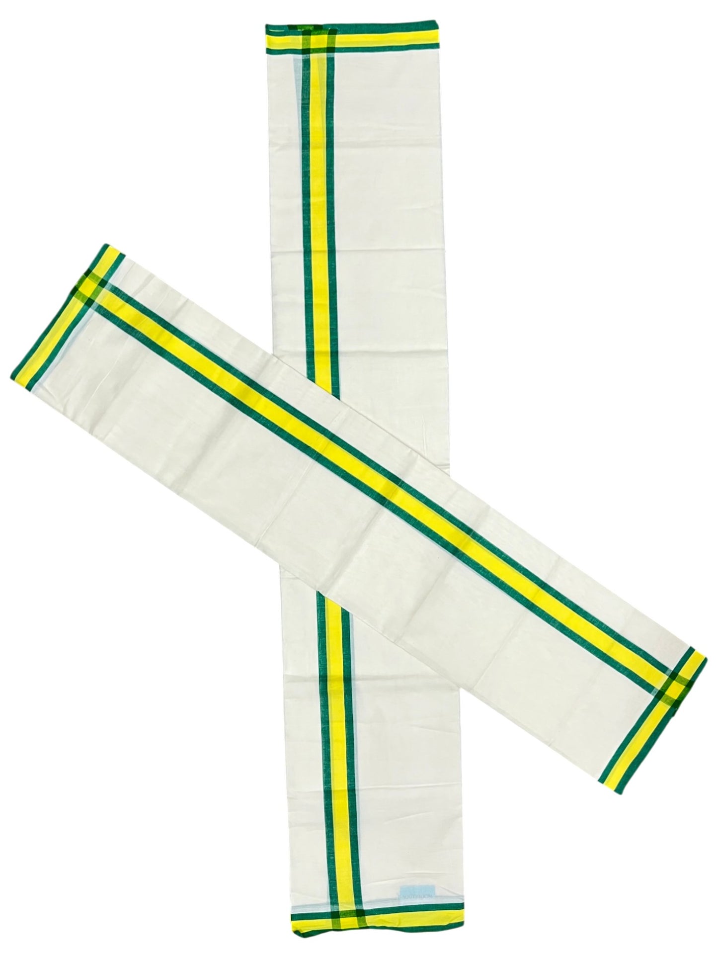 Southloom Pure Cotton Kerala Single Mulloth Set Mundu (Mundum Neriyathum) Green And Yellow Border in 2.80 mtrs SL243