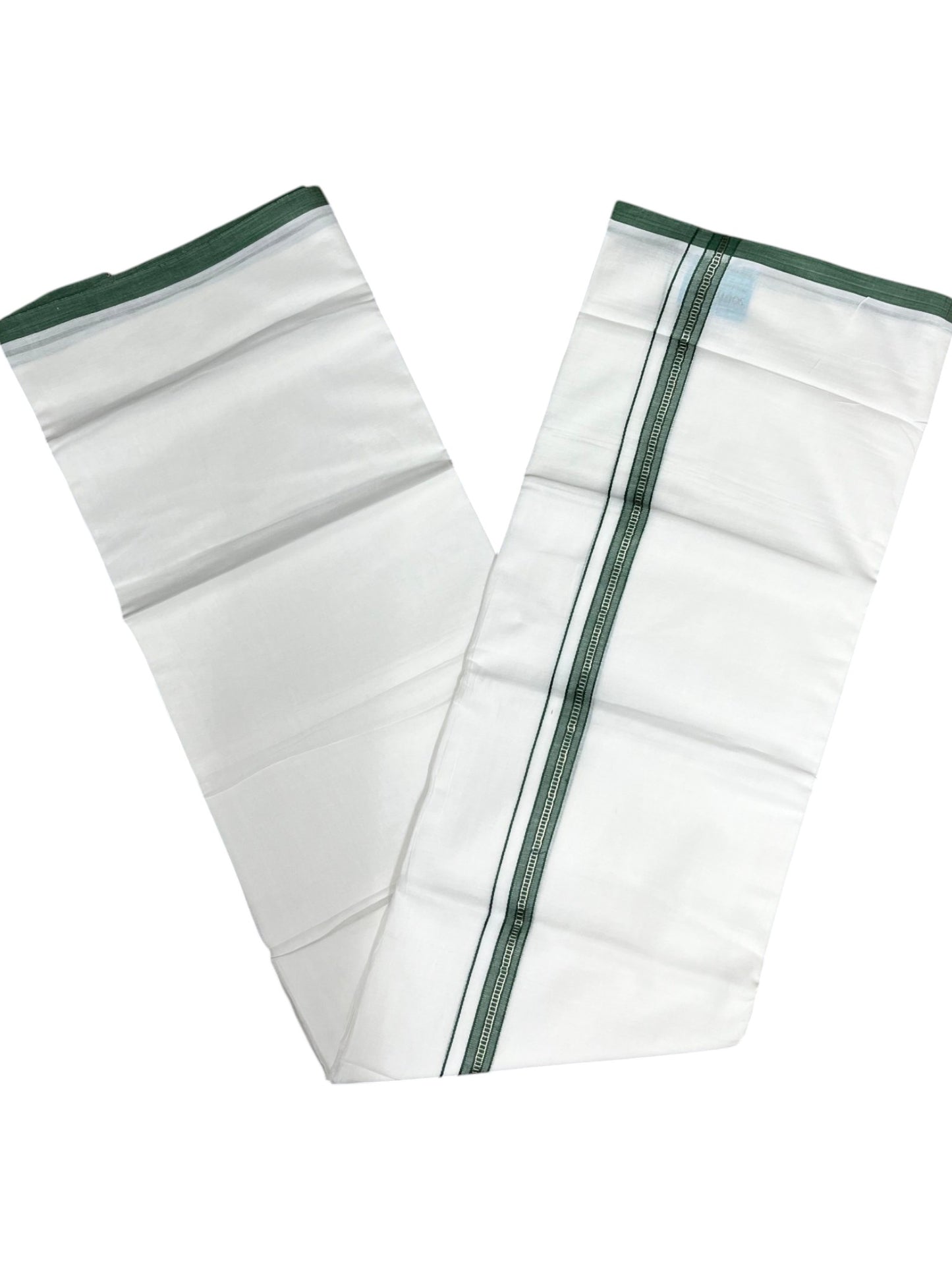 Southloom Pure White Cotton Mundu with Green & Silver Line Border (South Indian Kerala Dhoti)
