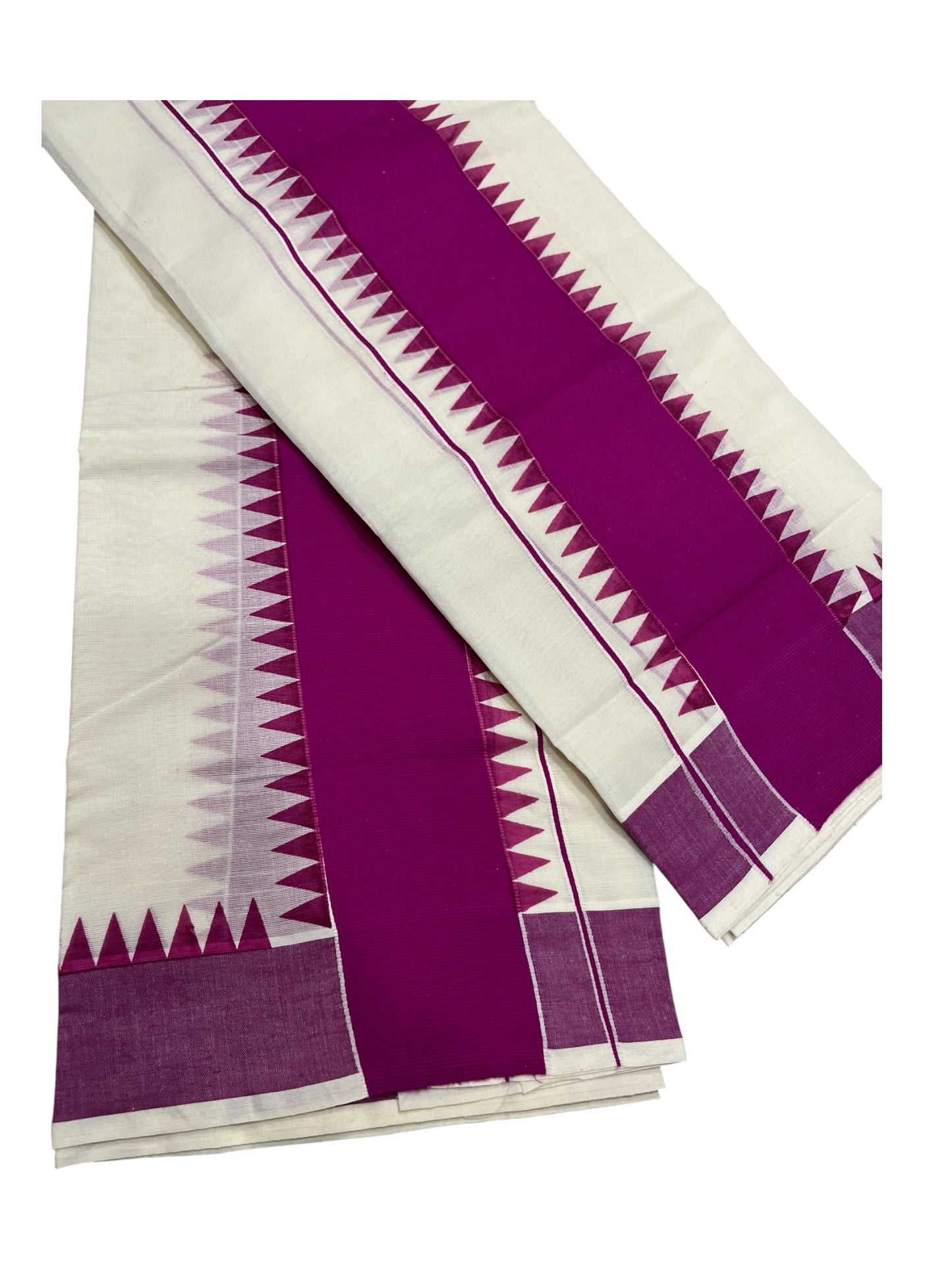 Kerala Pure Cotton Set Mundu Single (Mundum Neriyathum) with Magenta Temple Border 2.80 Mtrs