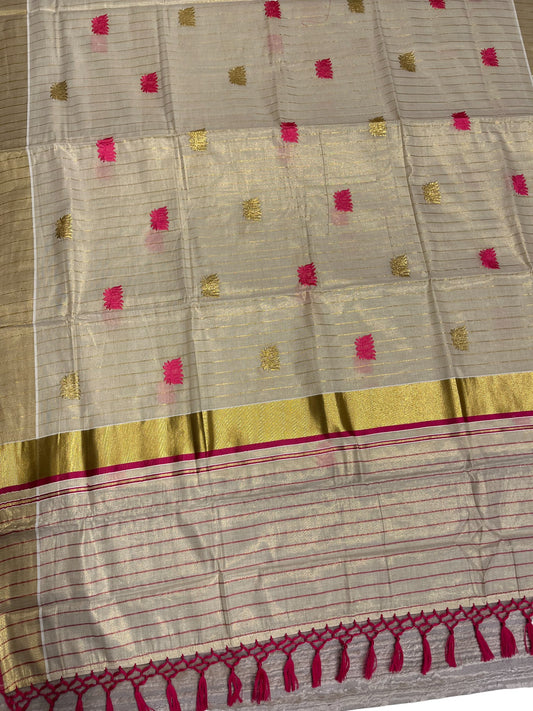 Southloom Kerala Tissue Kasavu Line Saree with Pink Lotus Embroidery Works