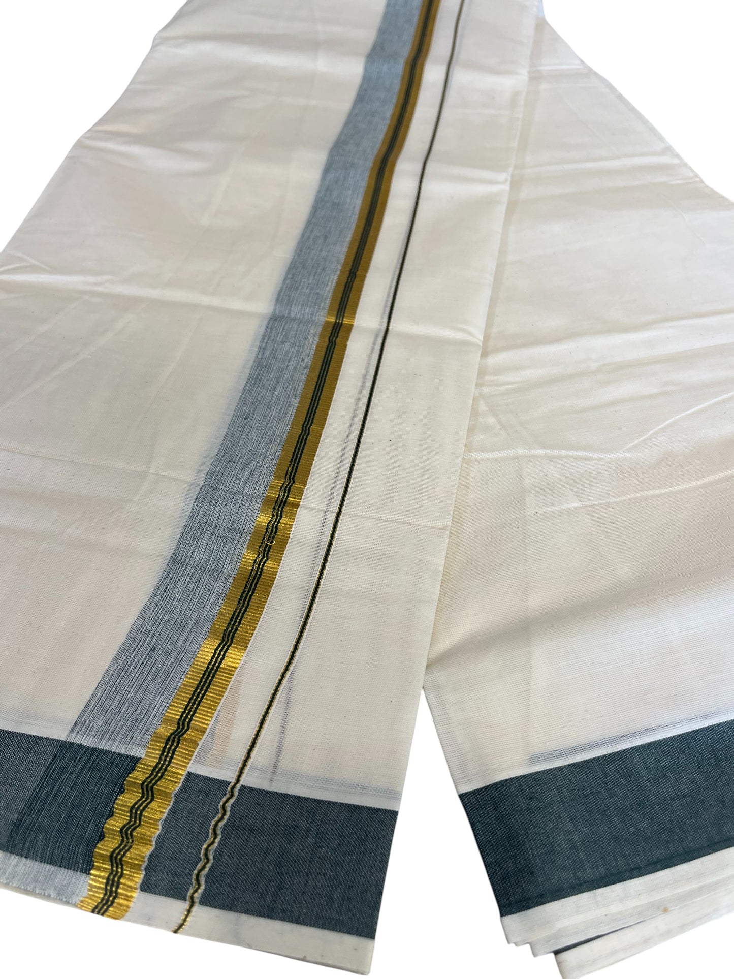 Southloom Pure Cotton Mundu with Green Lines and Green Border (South Indian Kerala Dhoti)