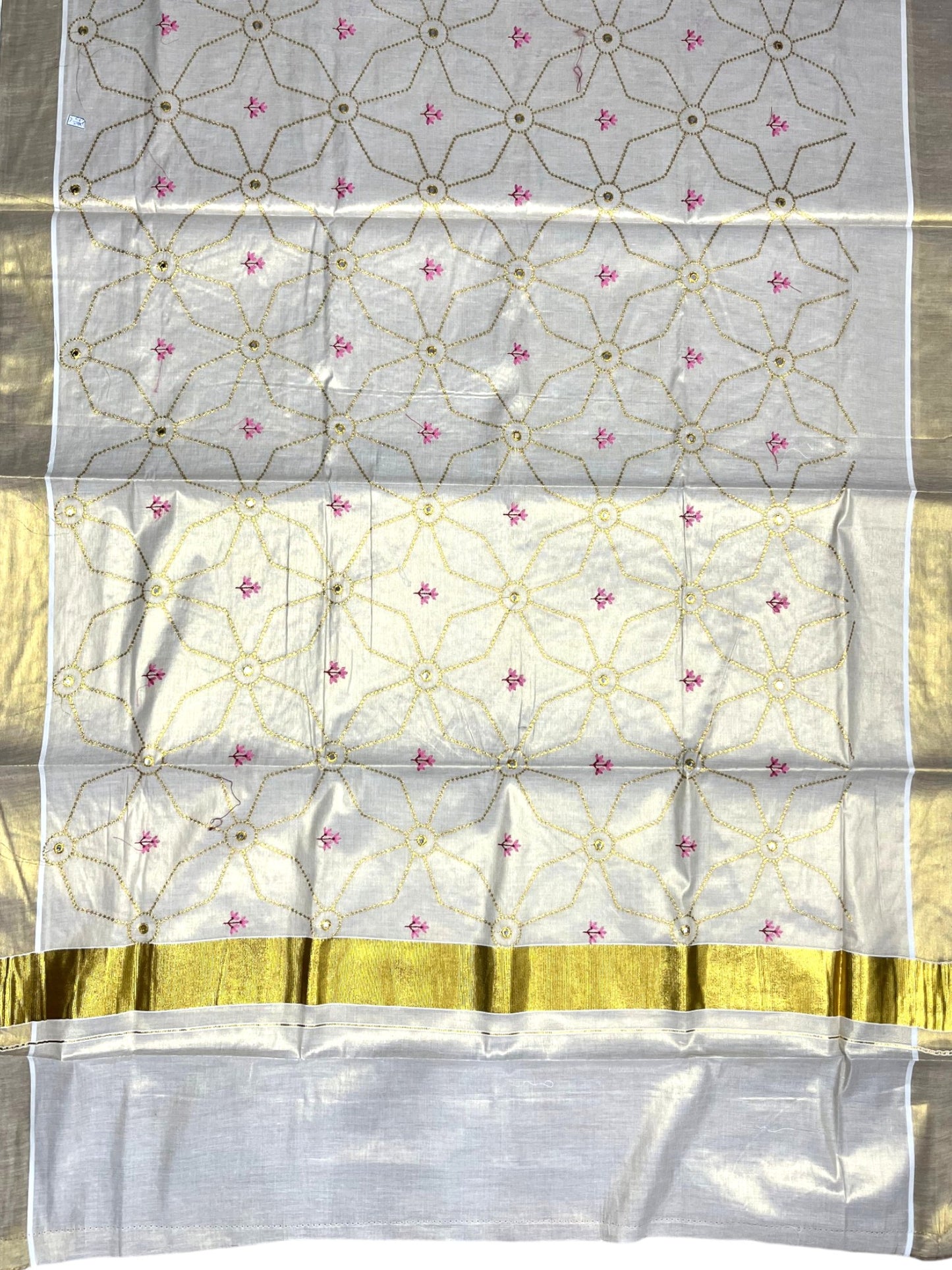 Southloom Kerala Tissue Kasavu Saree with Floral Embroidery Work on Body in Pink