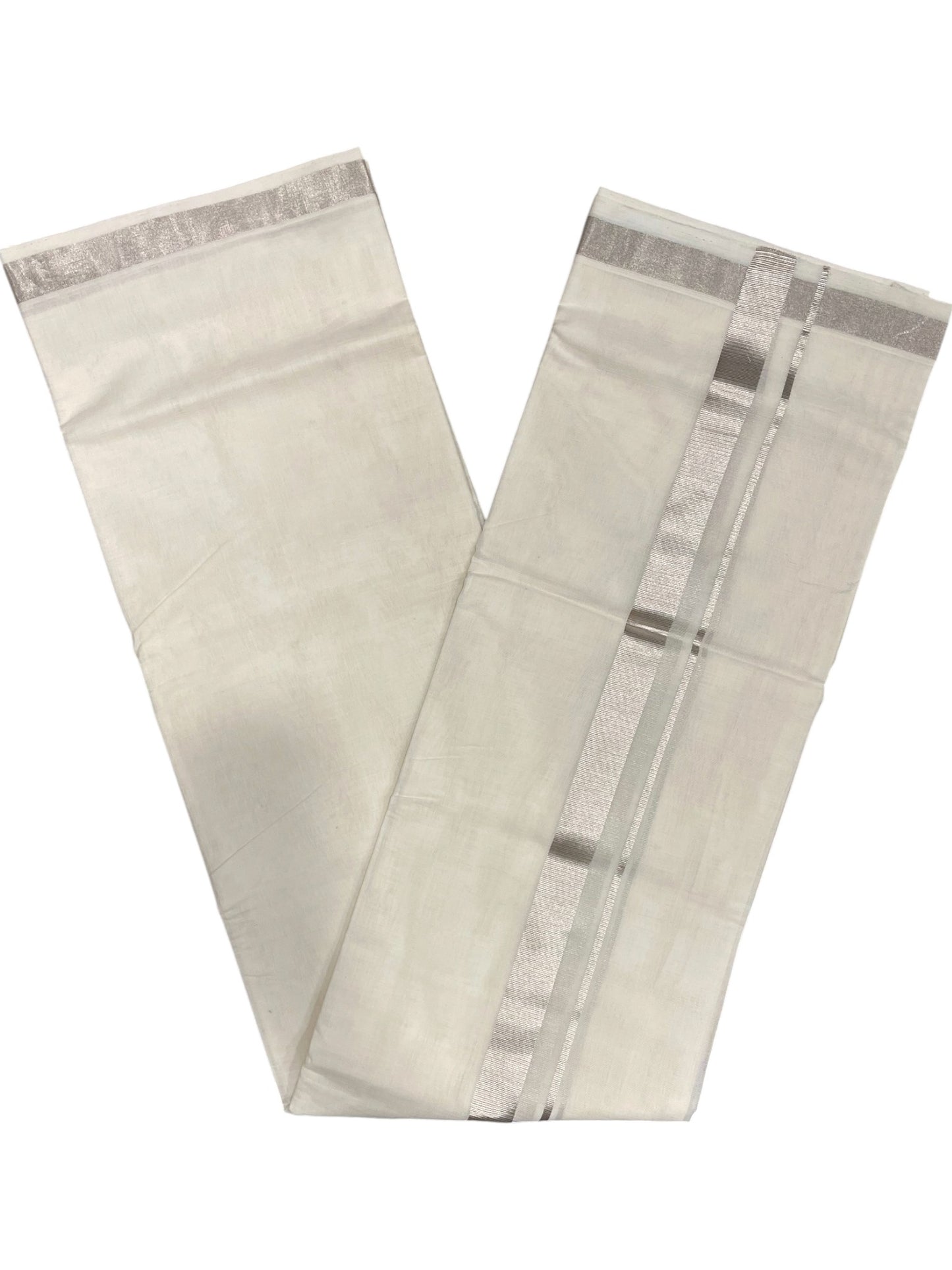 Southloom Premium Handloom Cotton Double Mundu with Silver Kasavu Border