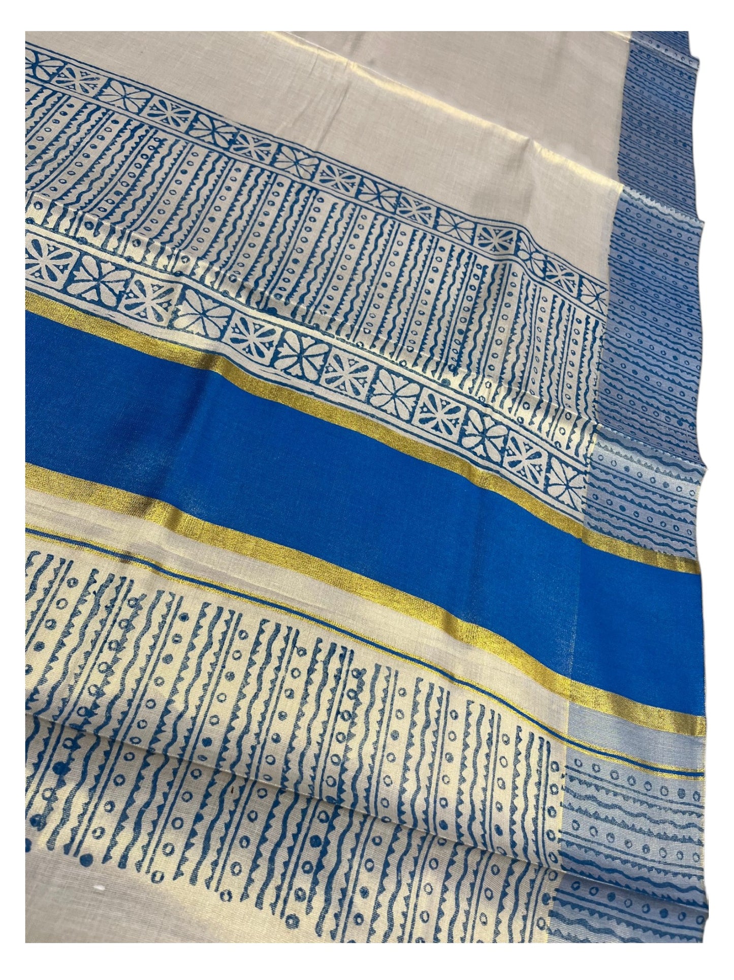 Southloom Tissue Kerala Kasavu Saree with Block Print on Body and Borders in Blue