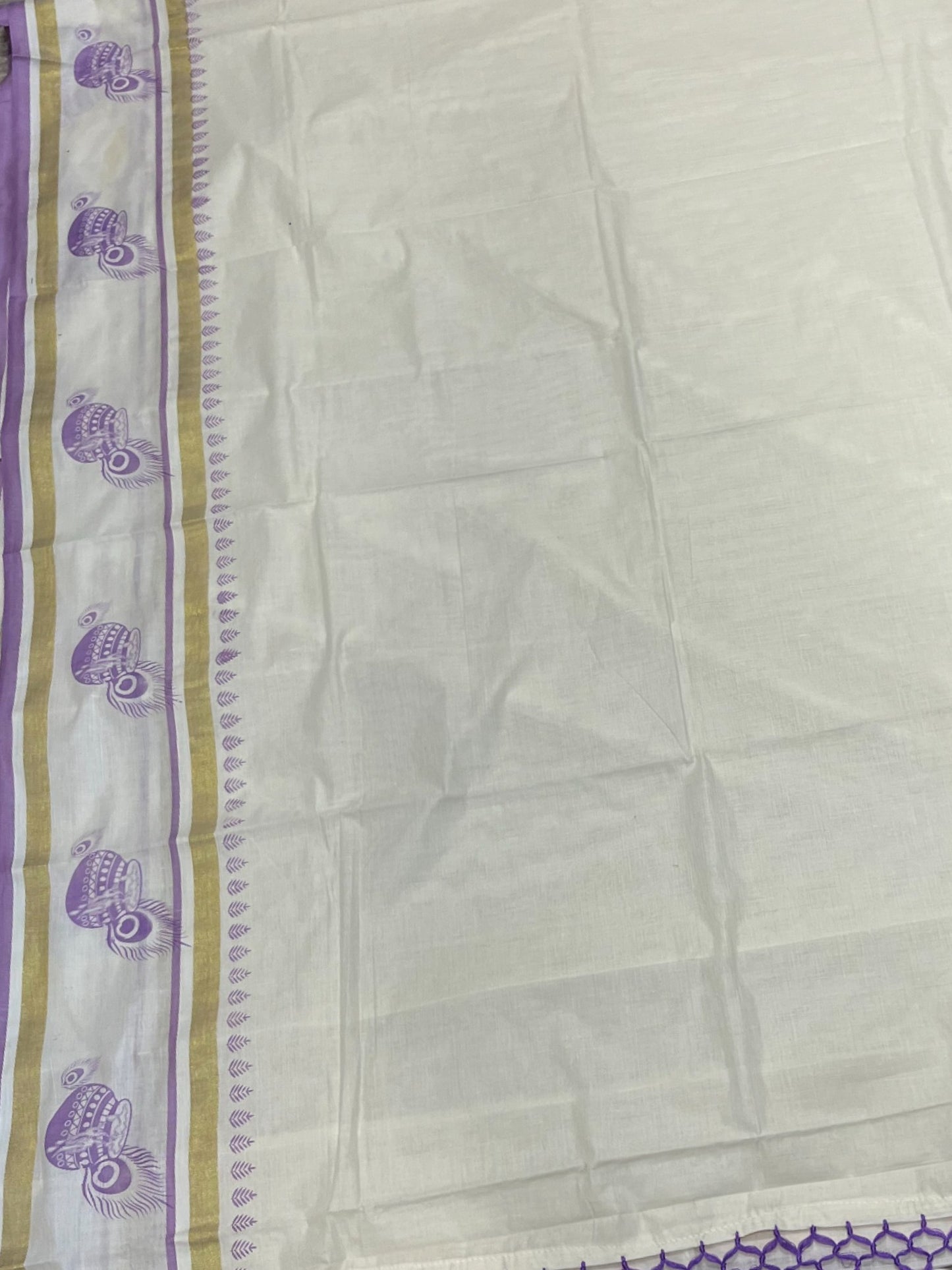 Southloom Cotton Kasavu Saree with Hand Printed Design on Border