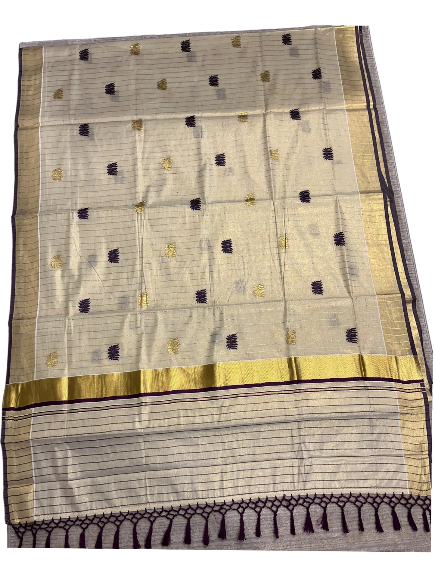 Southloom Kerala Tissue Kasavu Line Saree with Purple Lotus Embroidery Works