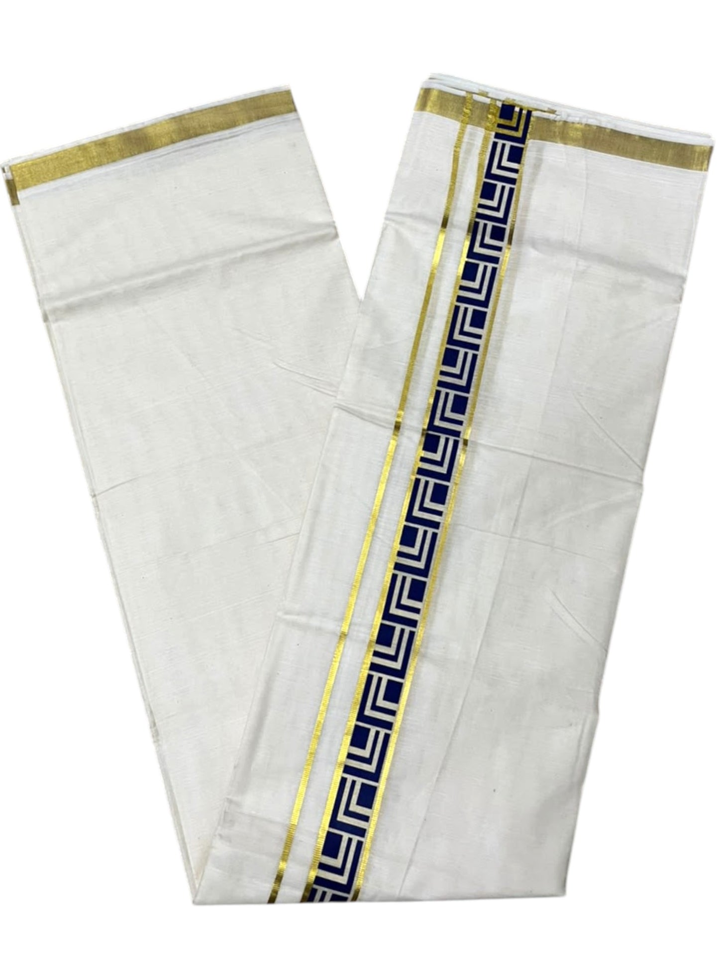 Southloom Pure Cotton Double Mundu with Blue Block Printed And Ksavu Border (South Indian Kerala Dhoti)