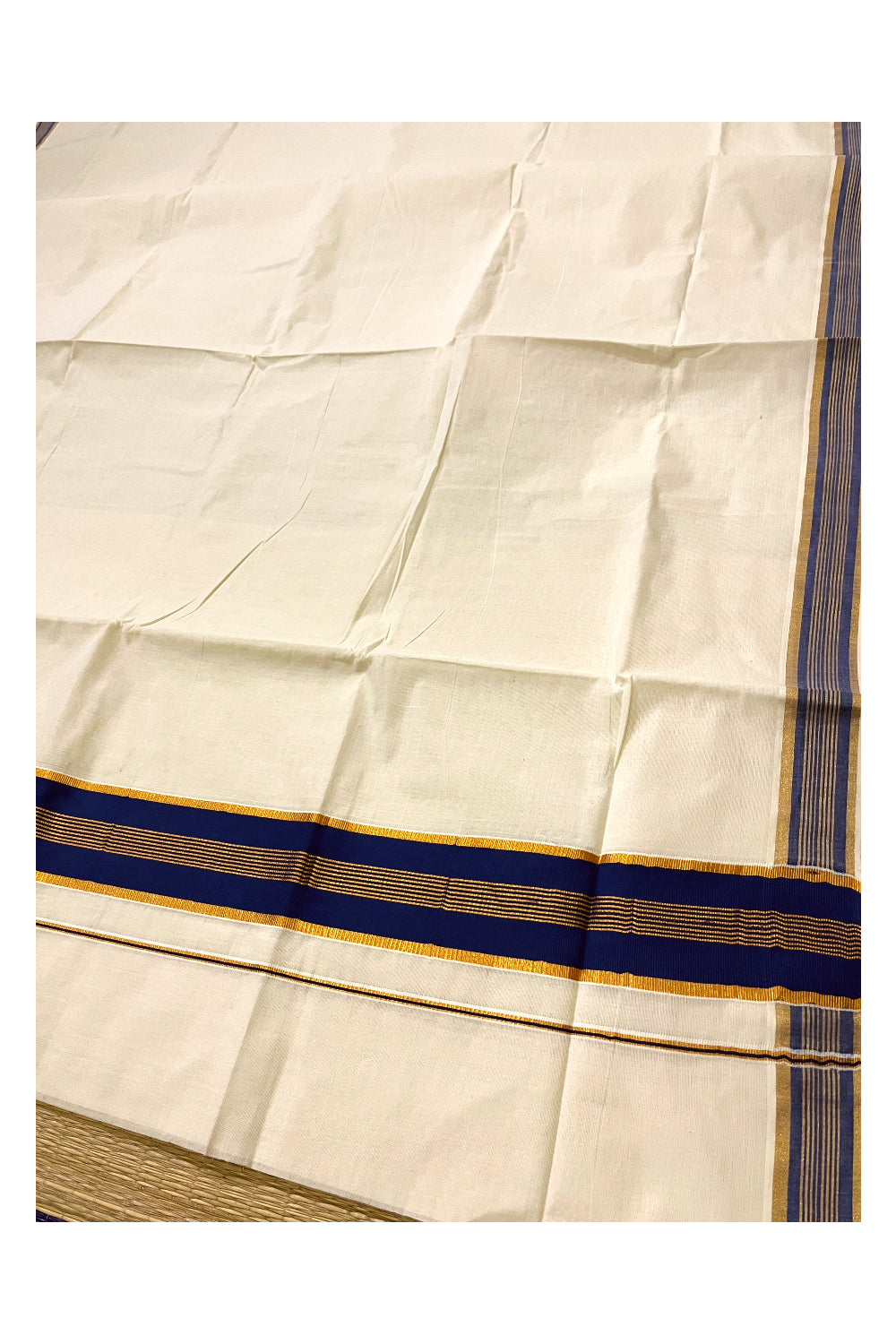 Cotton Kerala Plain Saree with Kasavu and Blue Border