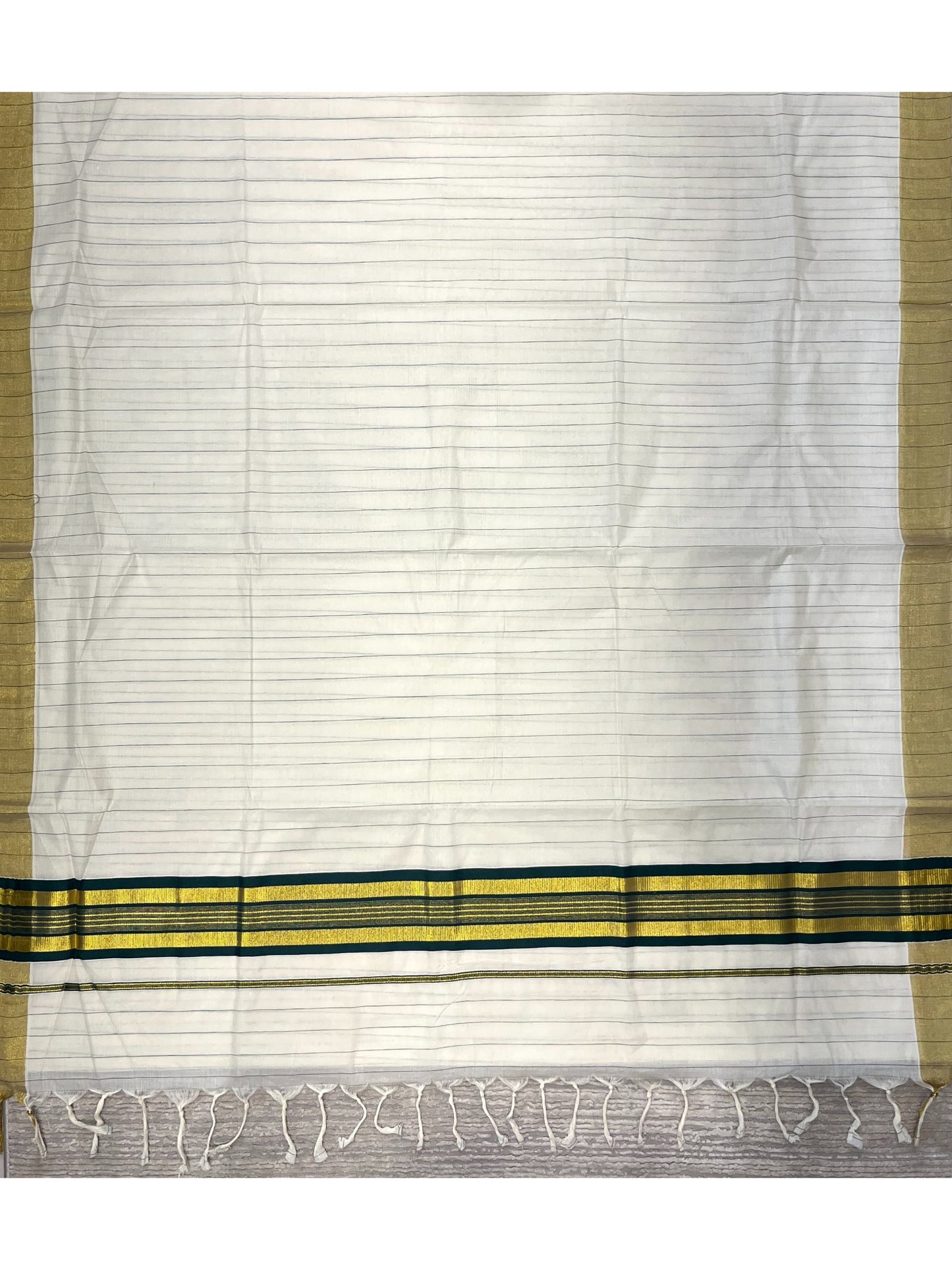 Southloom Kerala Cotton Kasavu Saree with Gold And Green Lines on Body SL331