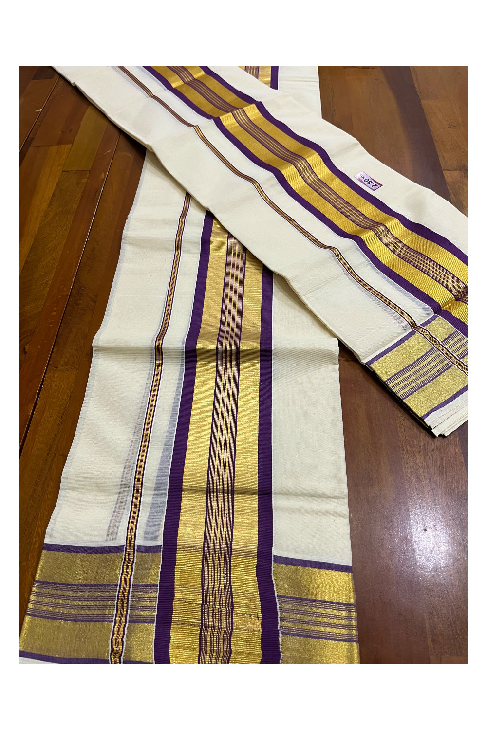 Kerala Cotton Set Mundu (Mundum Neriyathum) with Violet and Kasavu Border 2.80 Mtrs