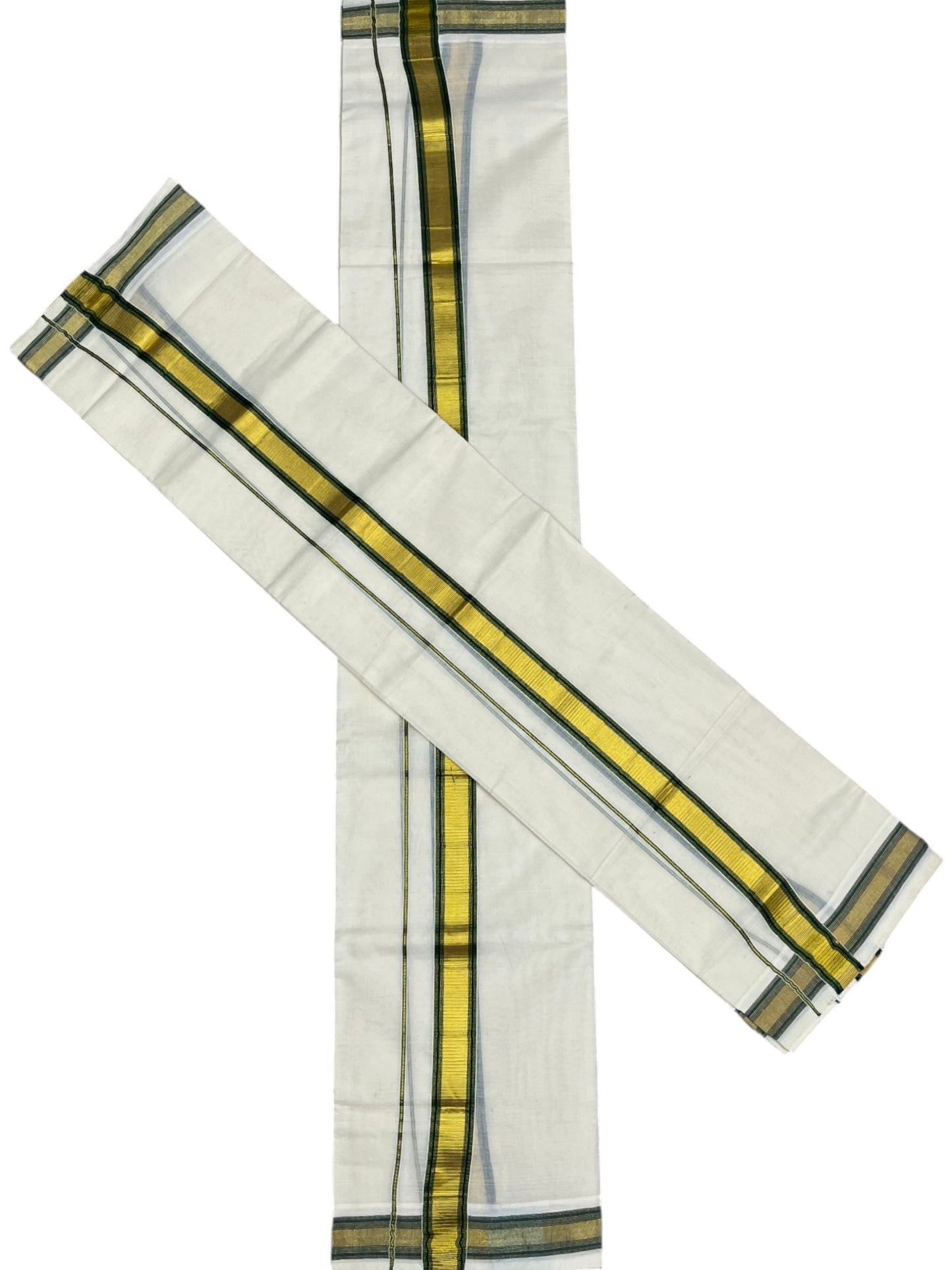 Kerala Cotton Set Mundu (Mundum Neriyathum) with Kasavu and Dark Green Border 2.80 Mtrs SLKK SL470