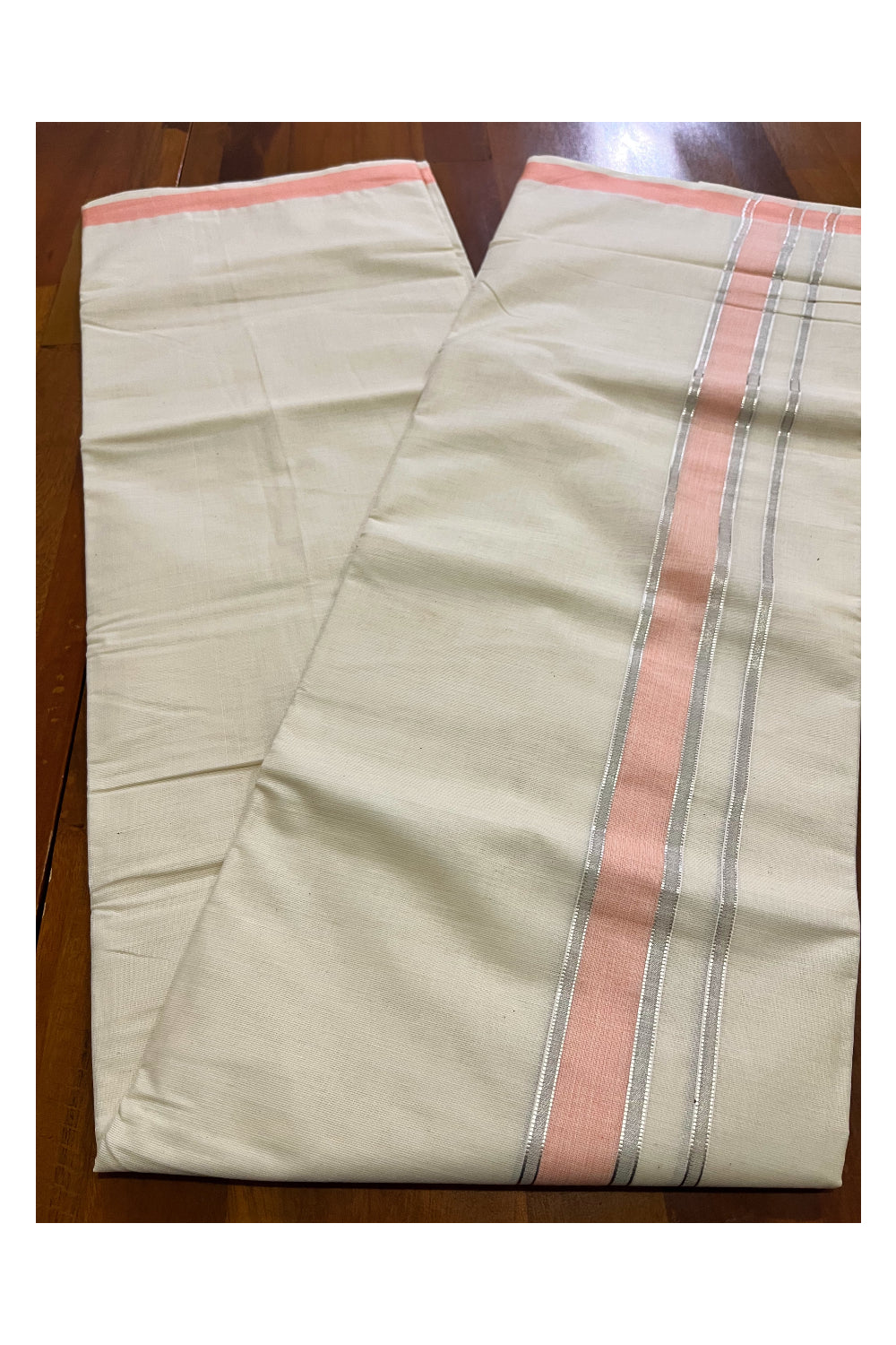 Pure Cotton Kerala Double Mundu with Silver Kasavu and Peach Border (South Indian Kerala Dhoti)