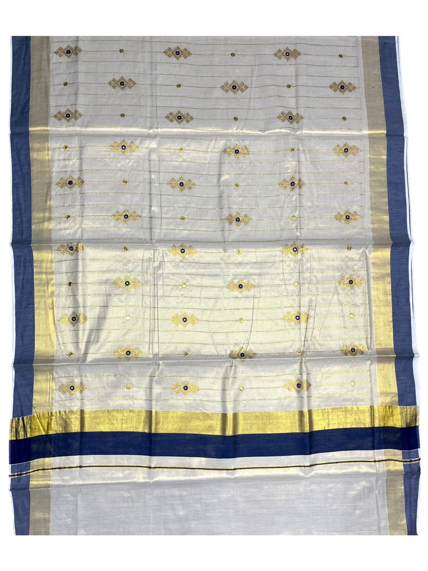 Southloom Kerala Tissue Kasavu Lines Saree with Golden And Blue Embroidery Works