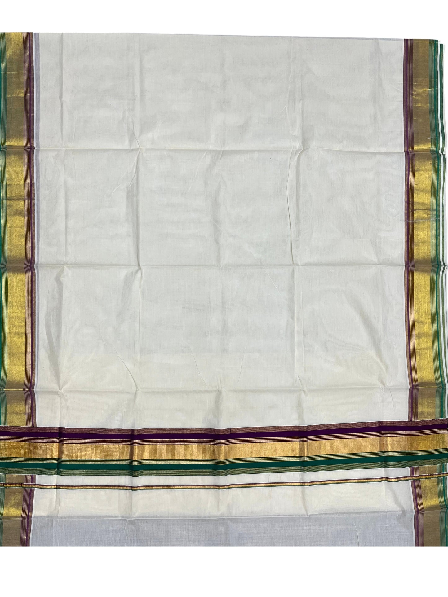 Southloom Kerala Cotton Kasavu Saree with Green And Purple Border