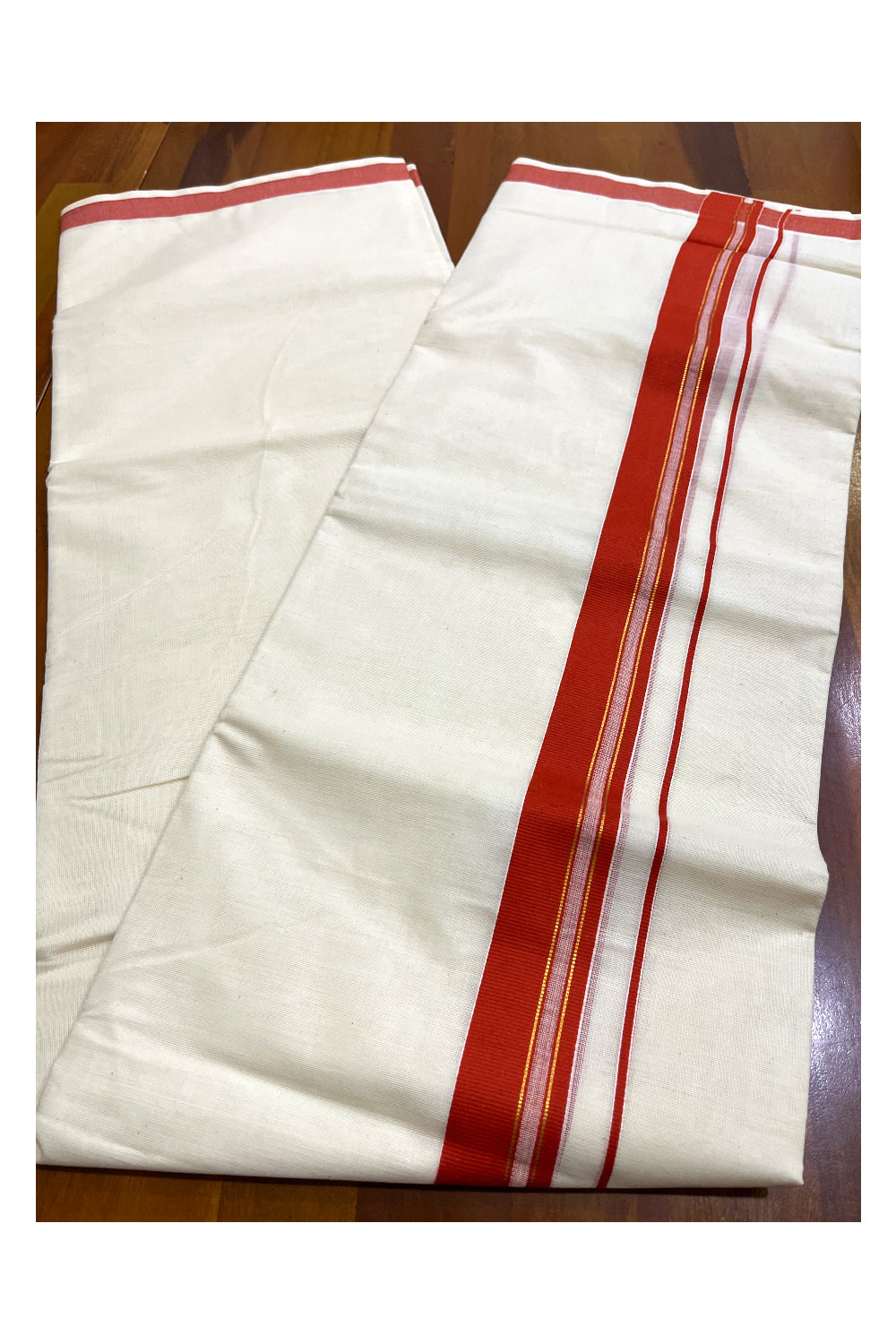 Pure Cotton Kerala Double Mundu with Orange and Kasavu Line Kara (South Indian Kerala Dhoti)