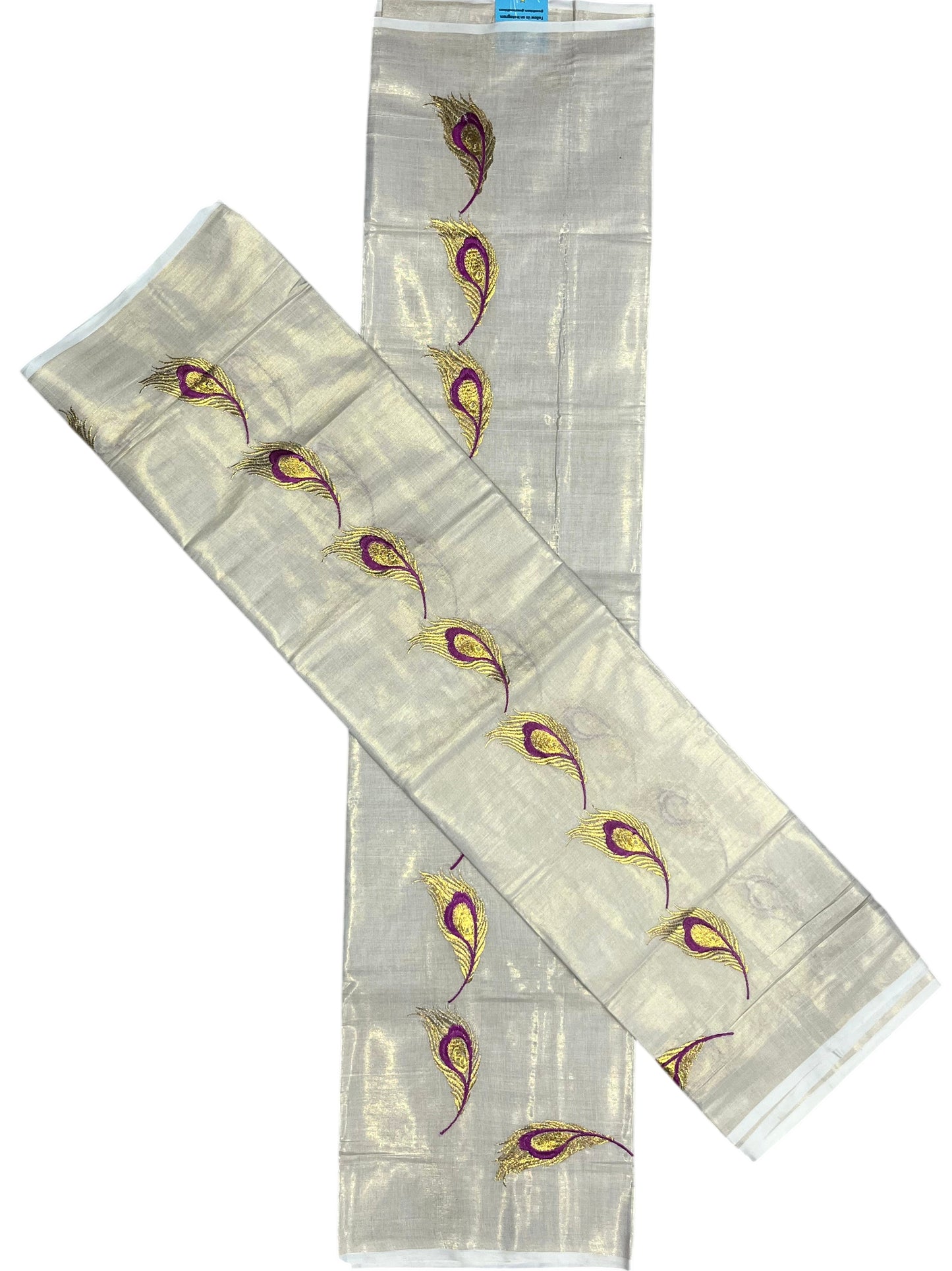 Southloom Kerala Tissue Kasavu Single Set Mundu (Mundum Neriyathum) Magenta and Golden Feather Embroidery Work