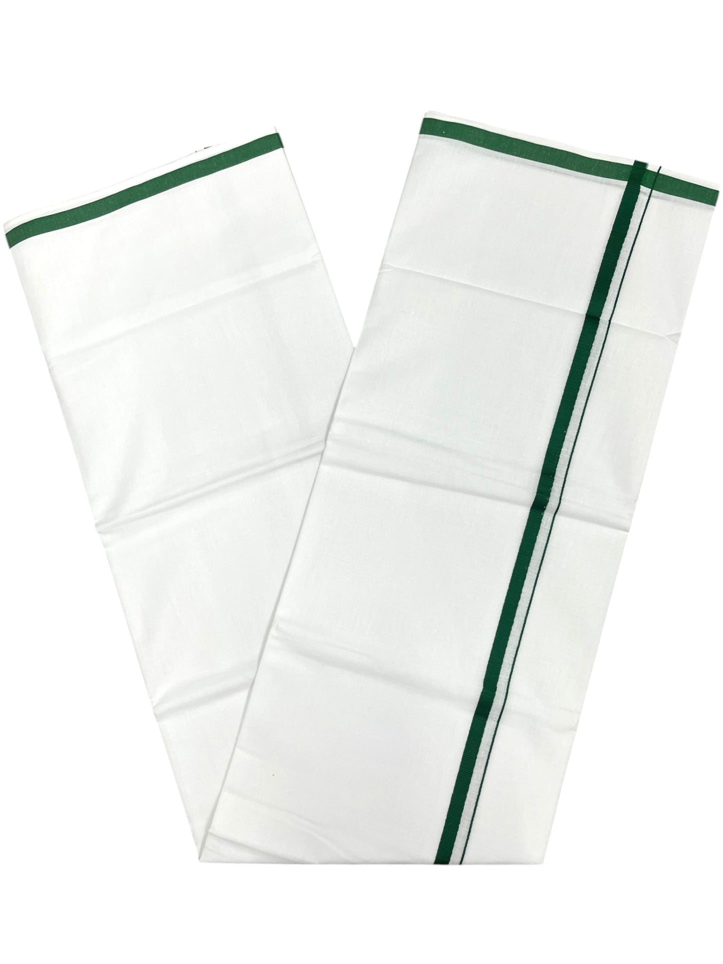 Southloom Pure White Cotton Single Mundu with Green Border (South Indian Kerala Dhoti)