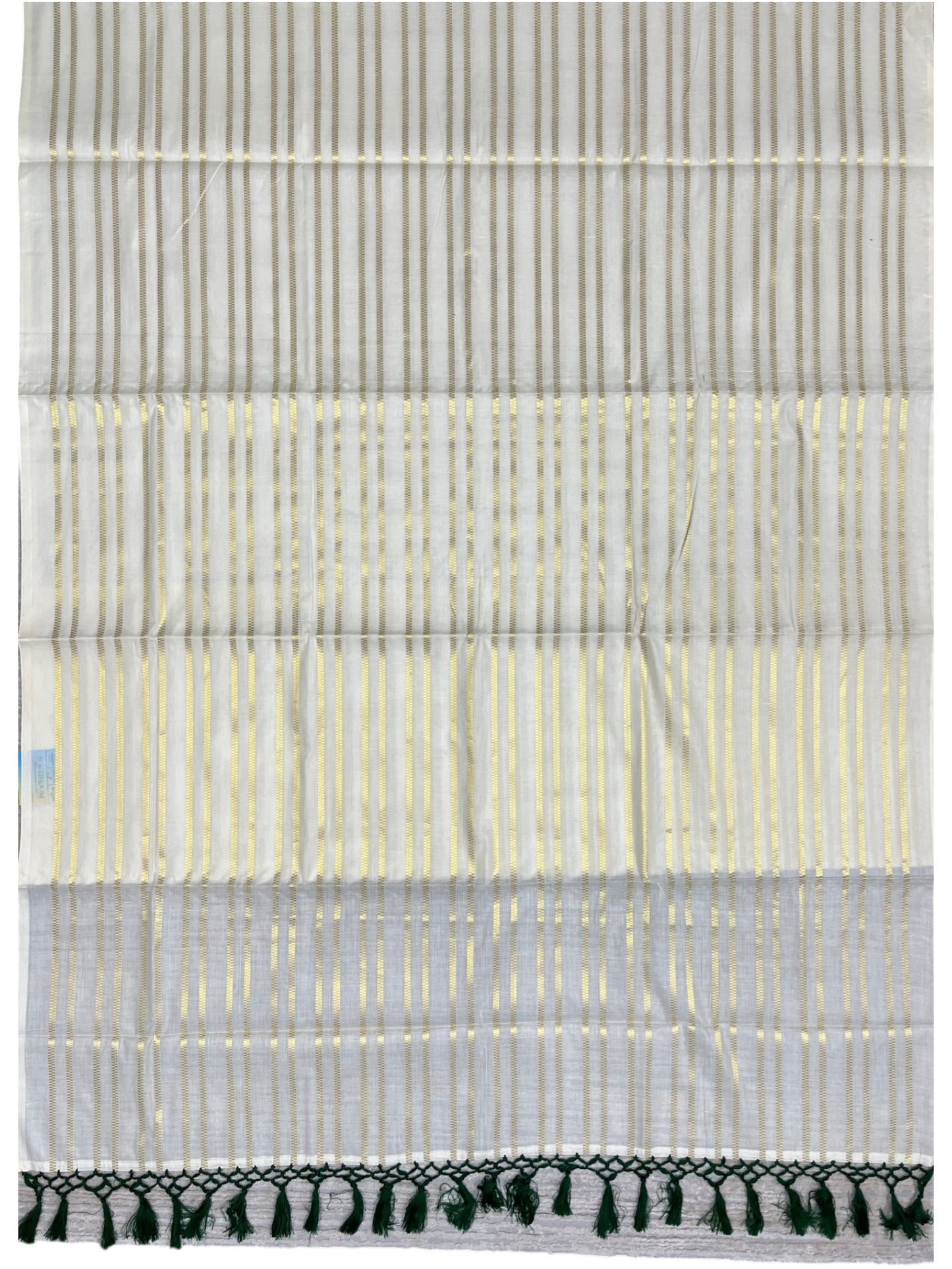 Southloom Cotton Kerala Kasavu Saree with Stripes on Body and Green Tussels