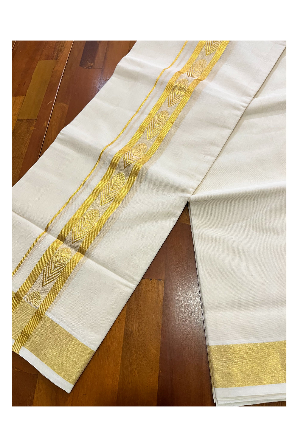 Southloom Premium Handloom Wedding Mundu with Kasavu Feather Woven Border (South Indian Kerala Dhoti)