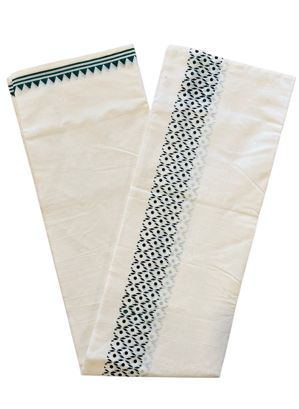 Pure Cotton Off White Double Mundu with Green Block Prints On Border (South Indian KeralaDhoti )