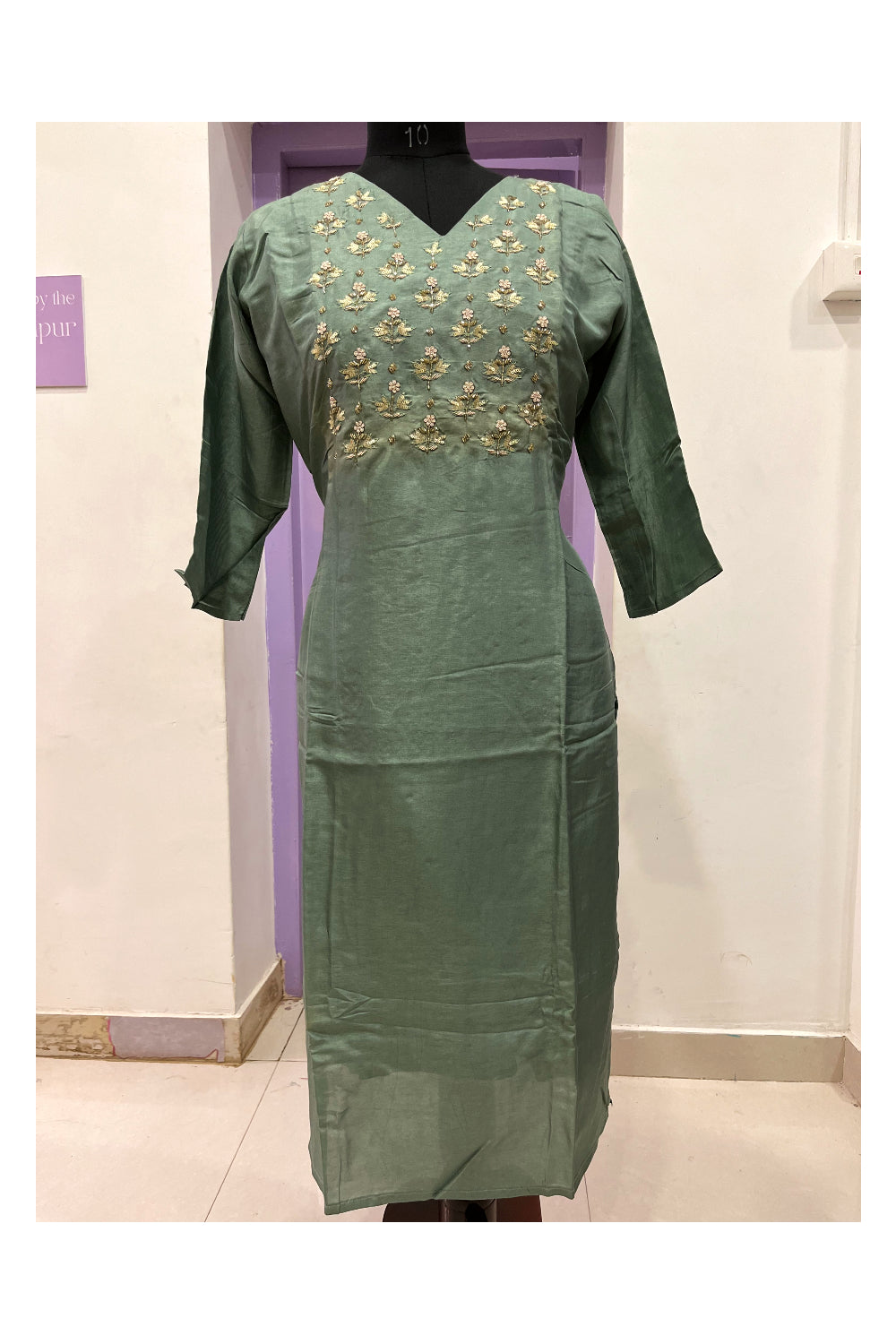 Southloom Stitched Semi Silk Green Salwar Set with Sequins Thread Works in Yoke