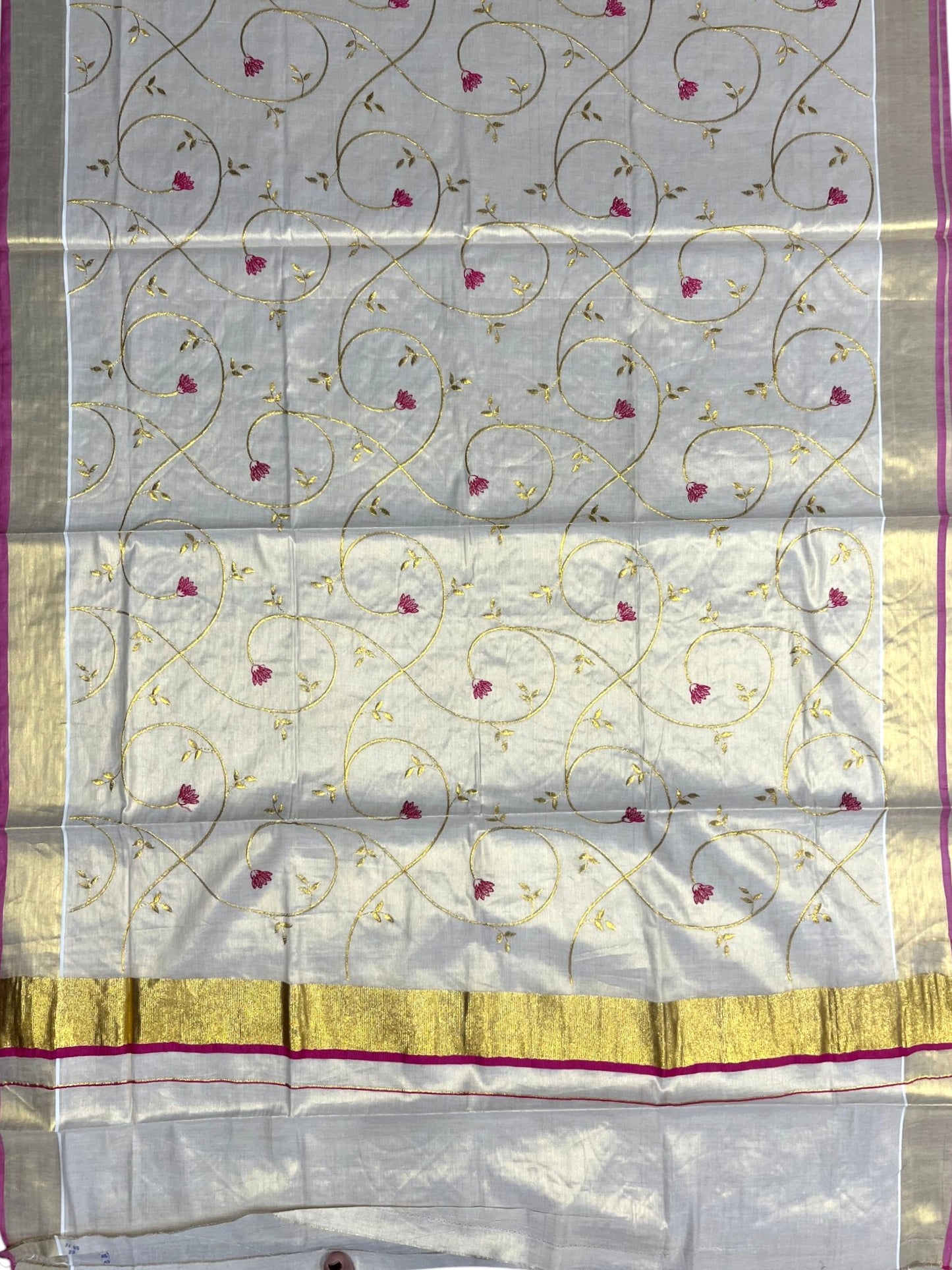 Southloom Kerala Tissue Kasavu Saree with Magenta and Gold Embroidery Across Body