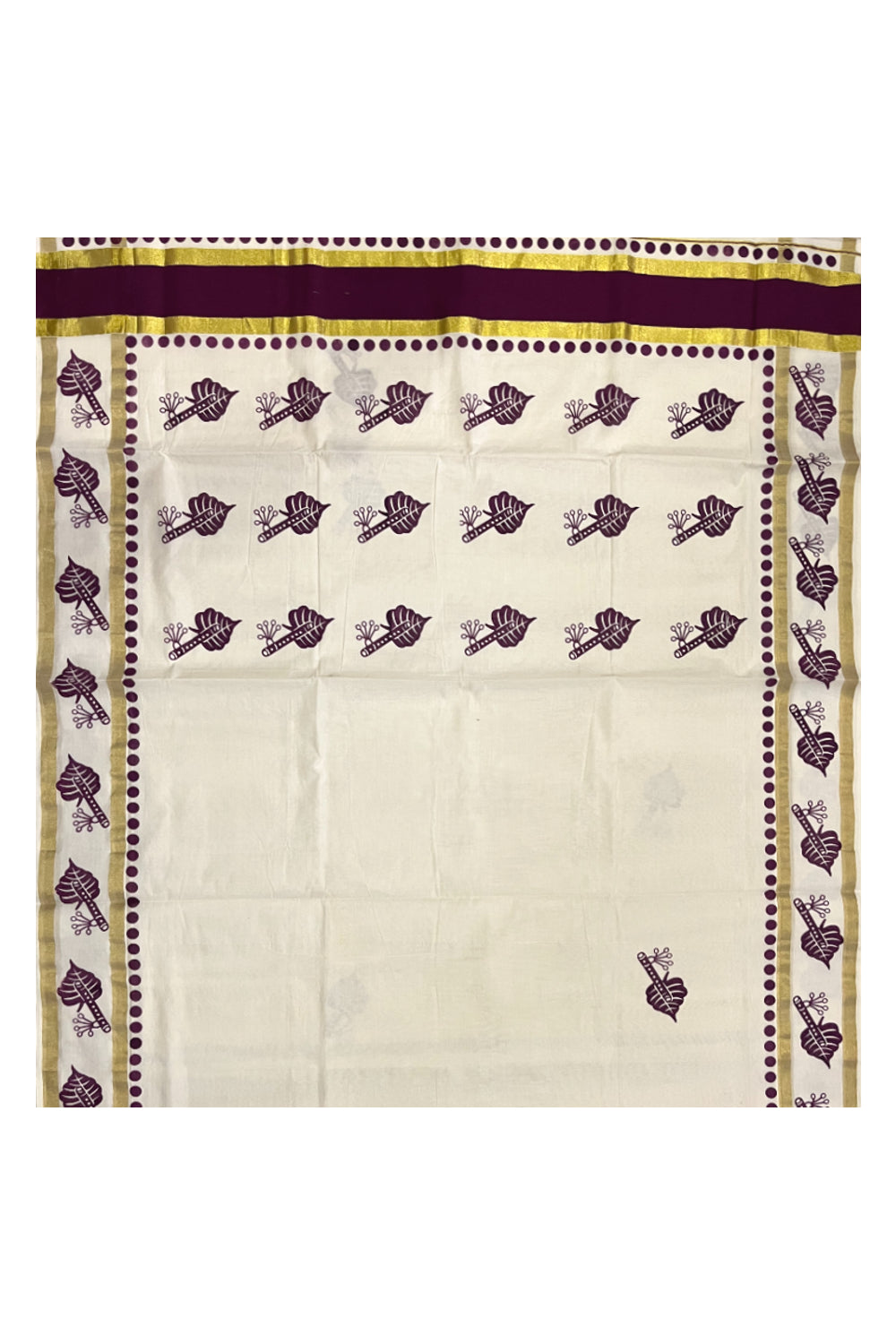 Pure Cotton Kerala Saree with Purple Block Printed Kasavu Border