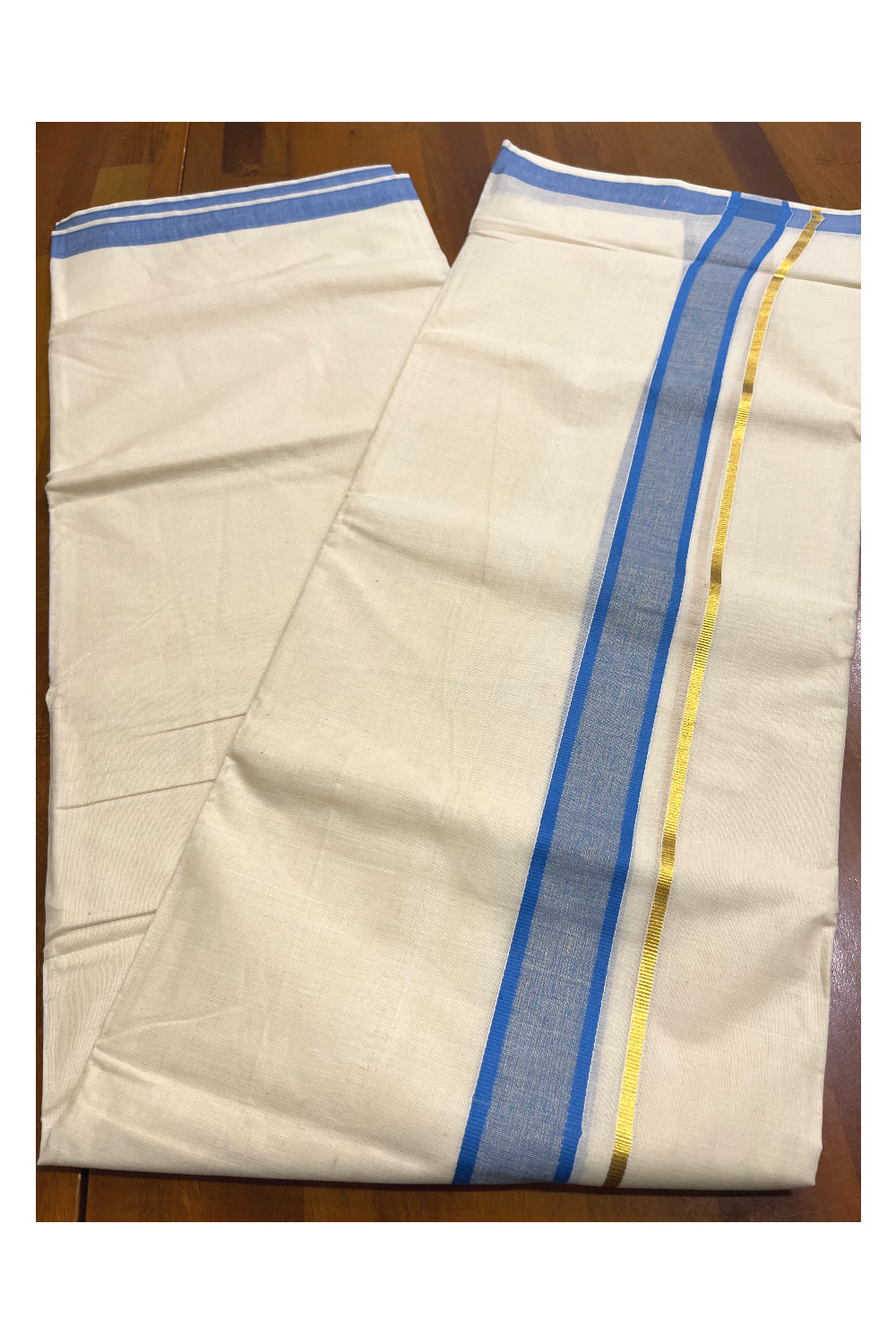 Kerala Pure Cotton Double Mundu with Blue and Kasavu Border (South Indian Kerala Dhoti)