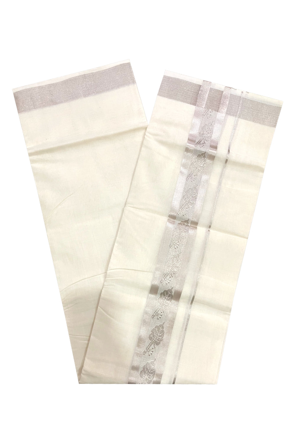 Southloom Premium Handloom Pure Cotton Mundu with Silver Kasavu Woven Border (Onam Mundu 2023)