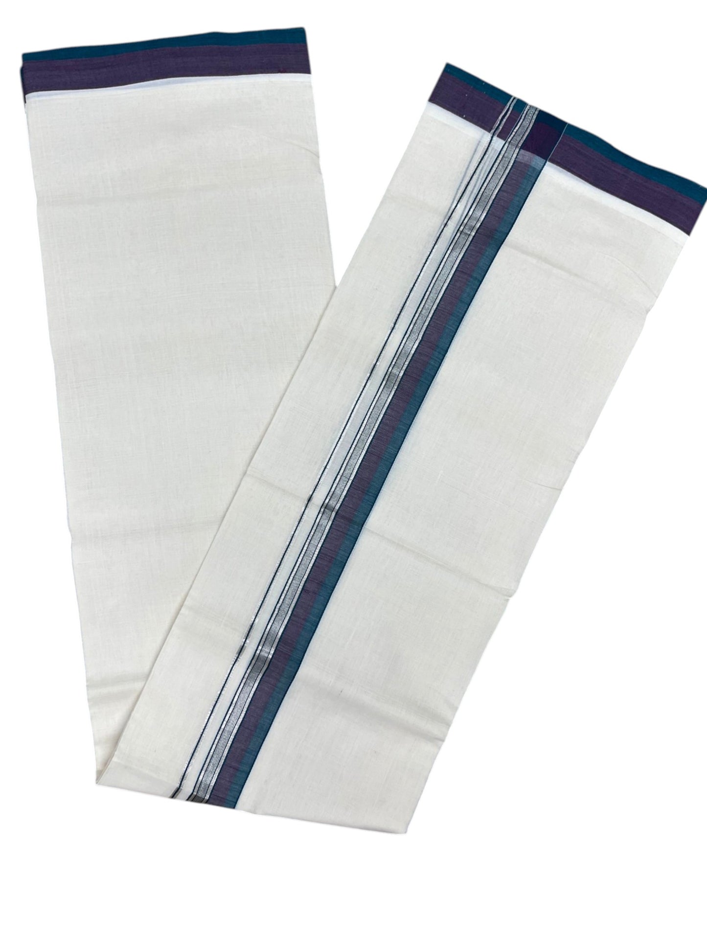 Southloom Balaramapuram Unakkupaavu Premium Handloom Cotton Double Mundu with Silver Kasavu and Peacock Blue Border