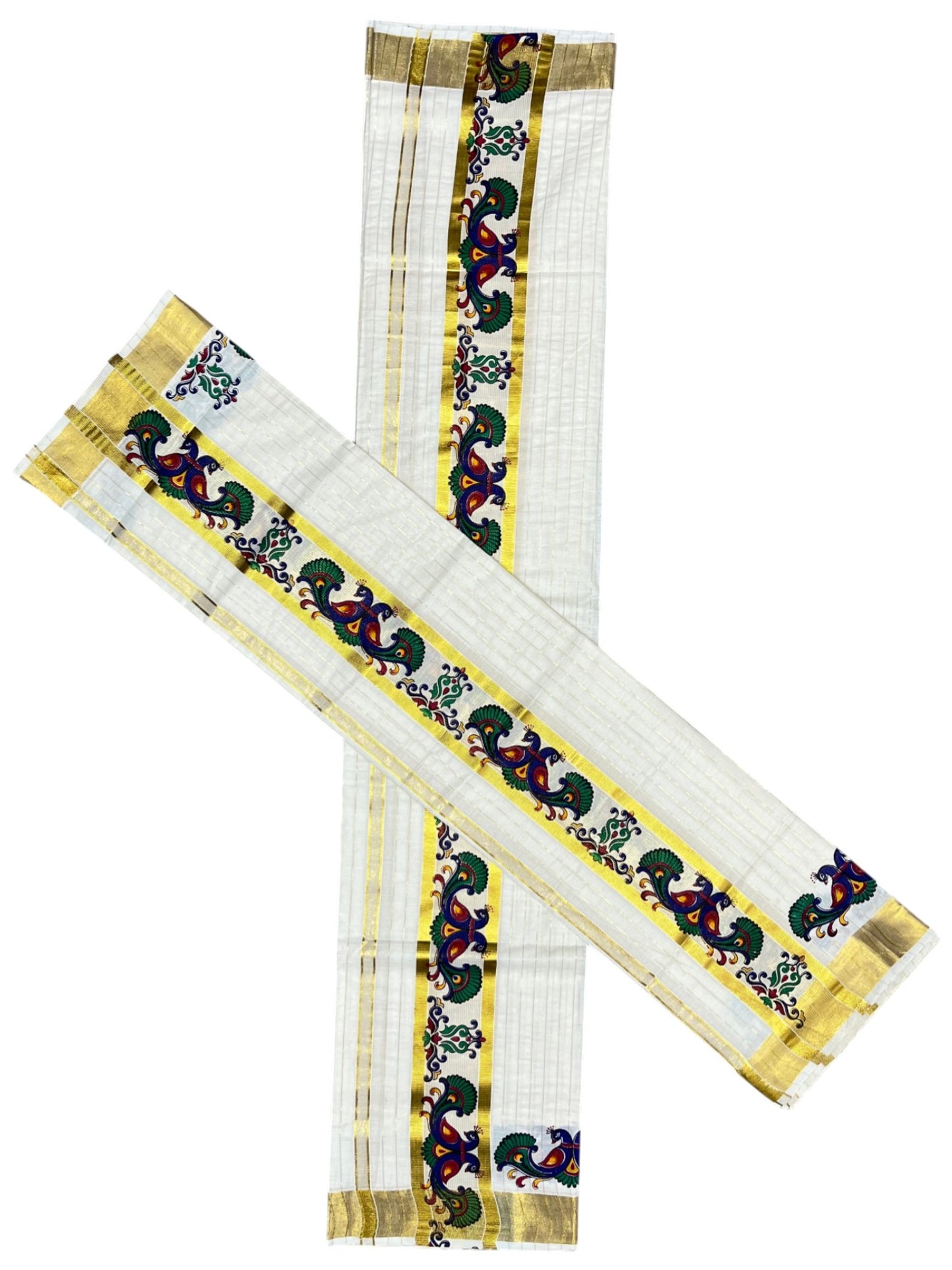 Southloom Cotton Lines Single Set Mundu (Mundu Neriyathum) With Blue Peacock Print And Gold Border Kasavu in 2.80 Mtrs