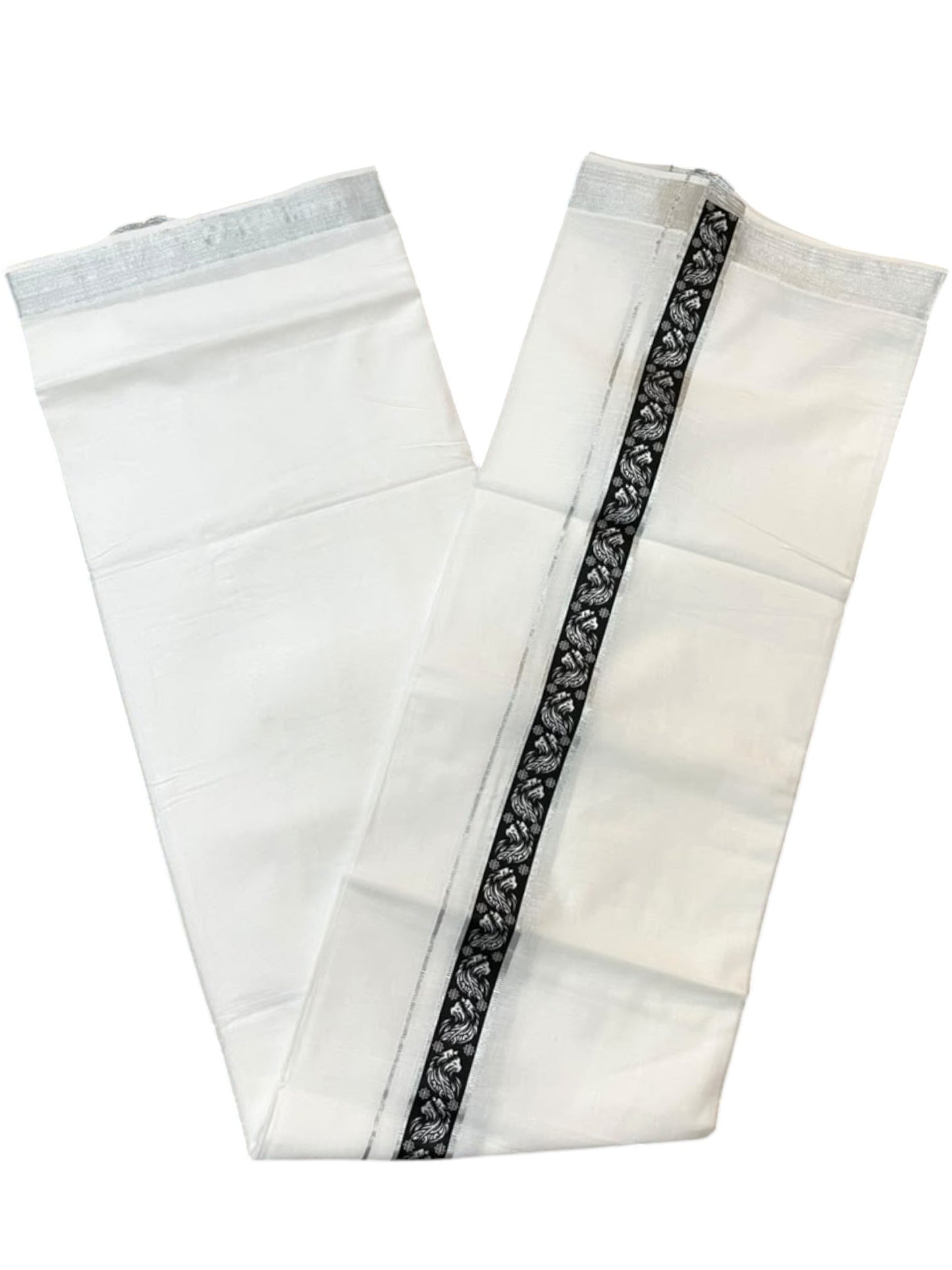 Southloom Pure White Cotton Mundu with Black and Silver Kasavu Border (South Indian Kerala Dhoti)