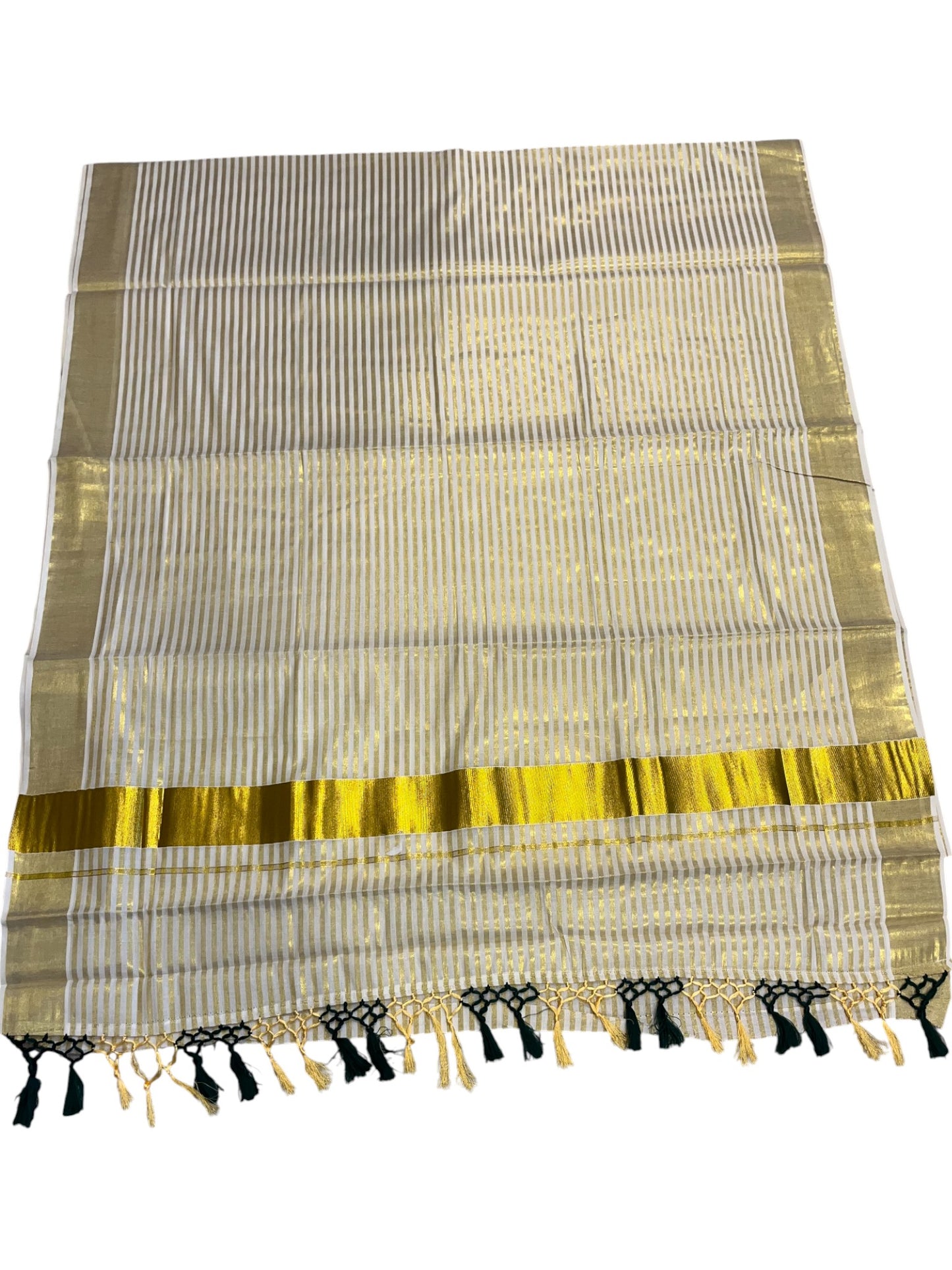 Southloom Kerala Cotton Kasavu Saree with Stripes on Body in Green