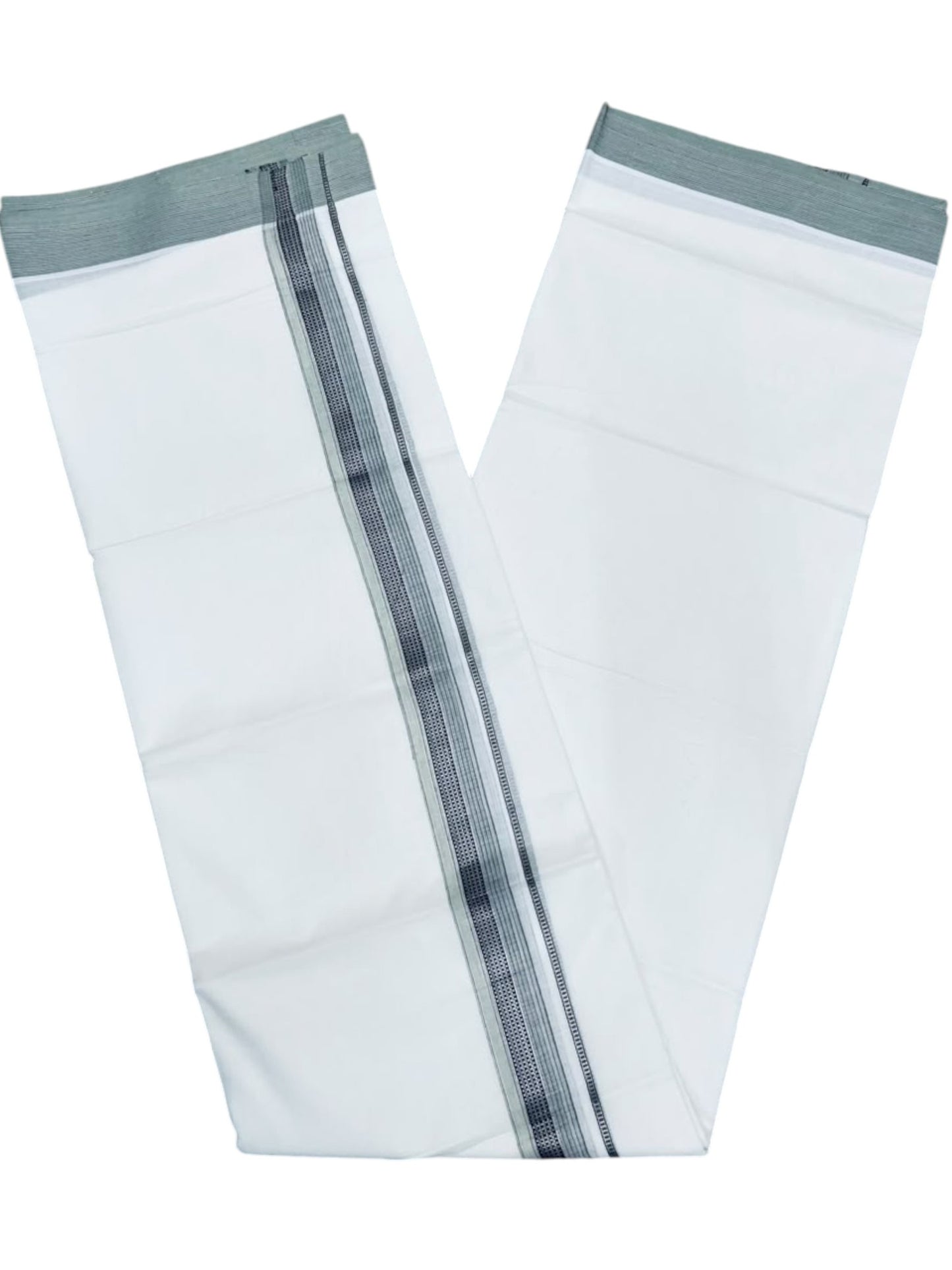 Southloom White Cotton Mundu with Light Green & Silver Line Border (South Indian Kerala Dhoti)
