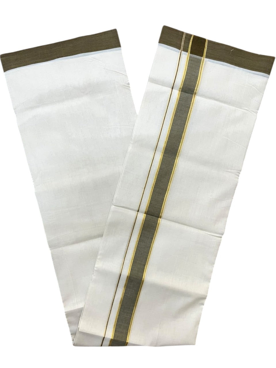 Southloom Balaramapuram Unakkupaavu Premium Handloom Cotton Double Mundu with Gold Kasavu and Purple & Mustard Yellow Border