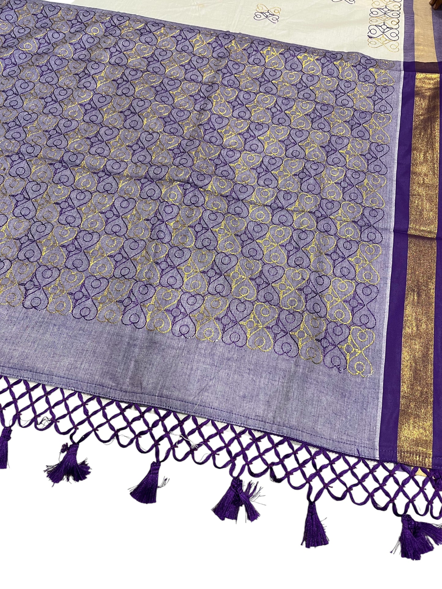Southloom Kerala Cotton Saree with Violet and Golden Embroidery Works